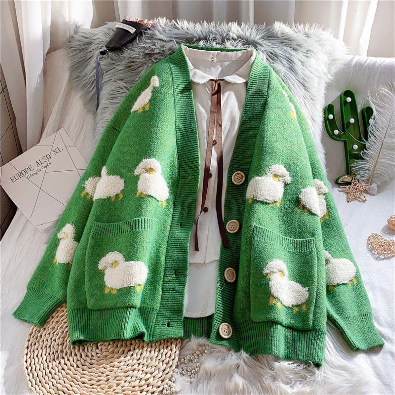 Sheep Print Oversized Sweater Cardigan Women Cute Blue Korean