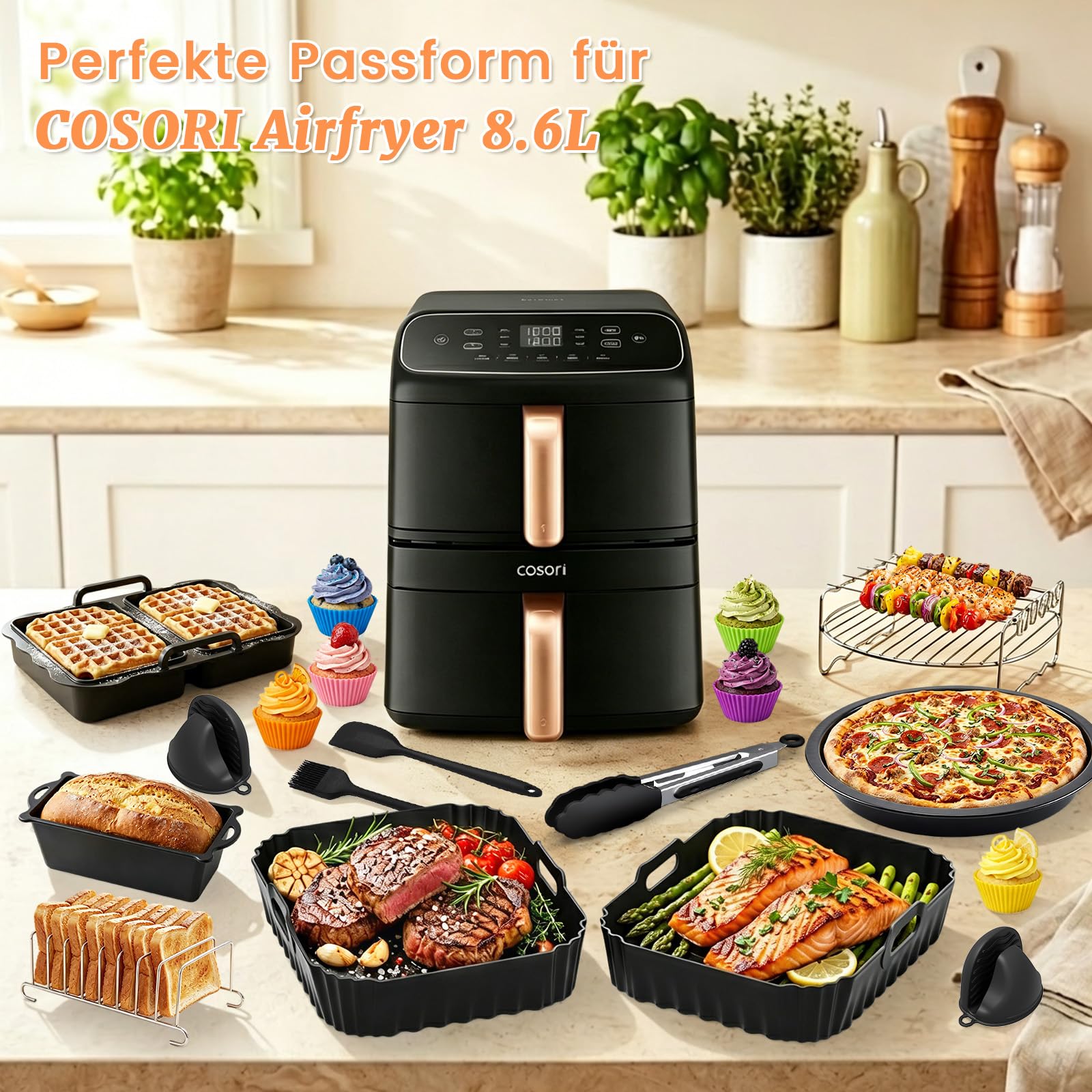 Heißluftfritteuse Zubehör für COSORI Airfryer Turbo Tower Compact 8.6L | Silikonform Heißluftfritteuse Zubehör Set Wiederverwendba Auflaufform Einsatz für COSORI DC861 Heißluftfritteuse 2 Kammern