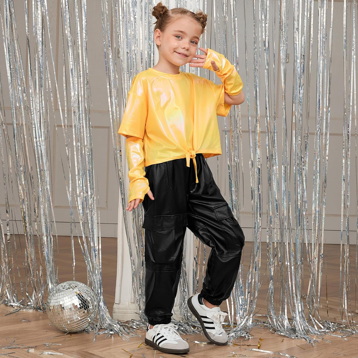 Perfashion Metallic Cargo Pants for Girls & Womens Hip Hop Dance Multi-Pocket Joggers High Waist Pants 6-15Y - Image 2