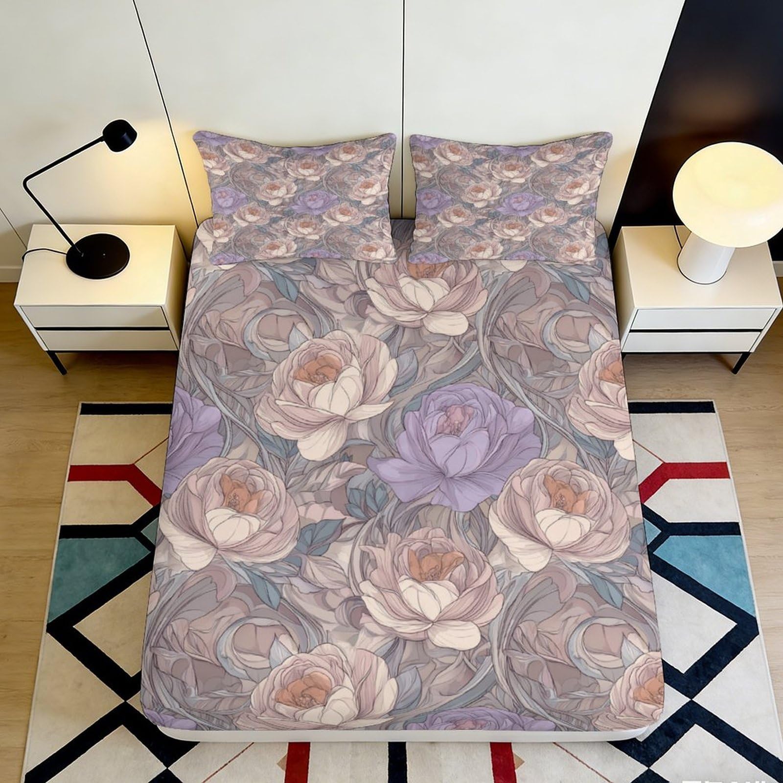 3D Printed Peony Floral Fitted Sheet Microfiber Soft Breathable Pastel Botanical Bed Cover for Bedroom Guest Room Decor Mattress Protection 140x200x25cm