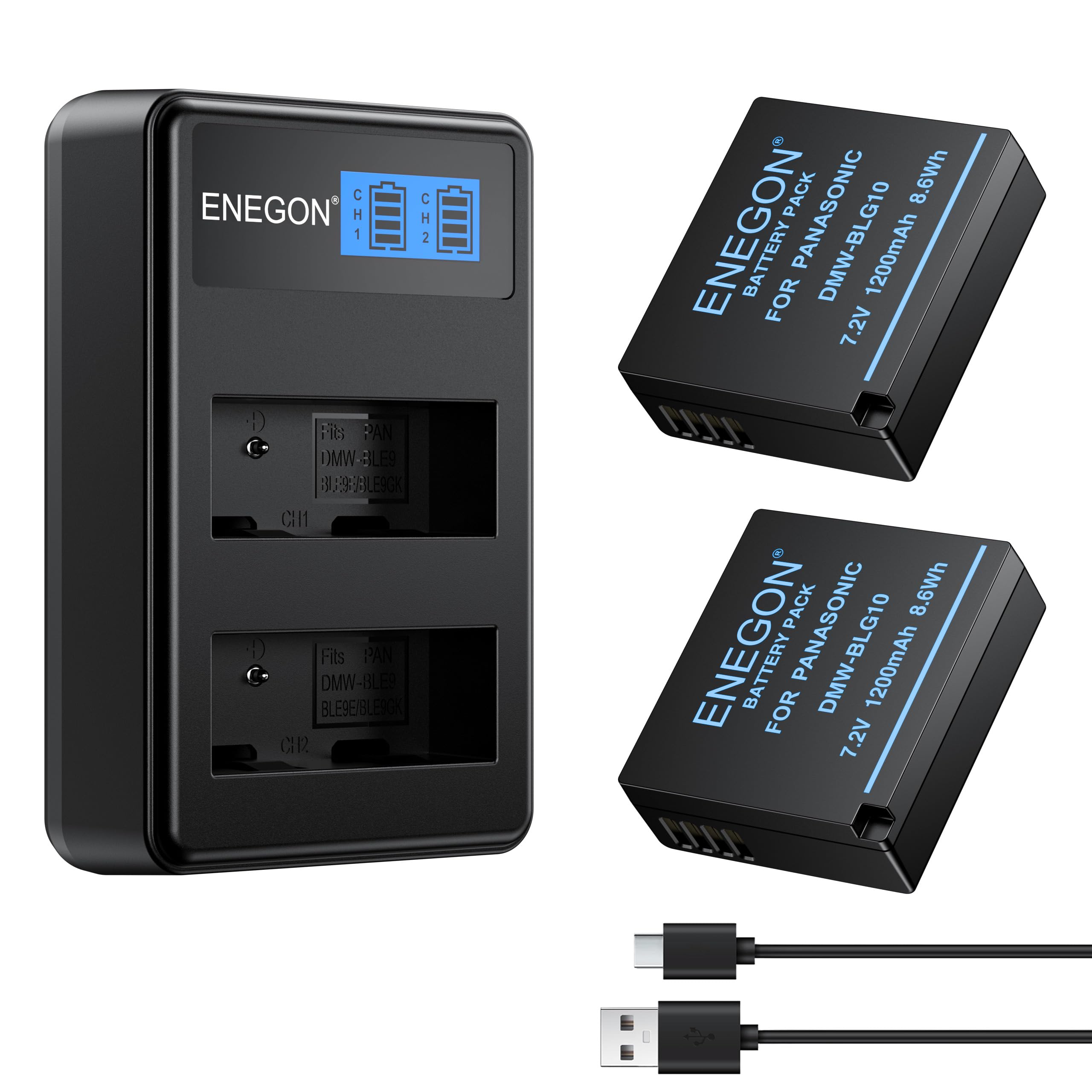 ENEGON Pack da 2 DMW-BLE9 DMW-BLG10 1200mAh Batteria e caricabatteria, cavo USB-C e display LCD, per Panasonic Lumix DC-LX100 II, TZ202, TZ101, TZ99, TZ91, TZ81, DMC-GX7, DMC-GX9, DMC-GX80, DMC-GX85