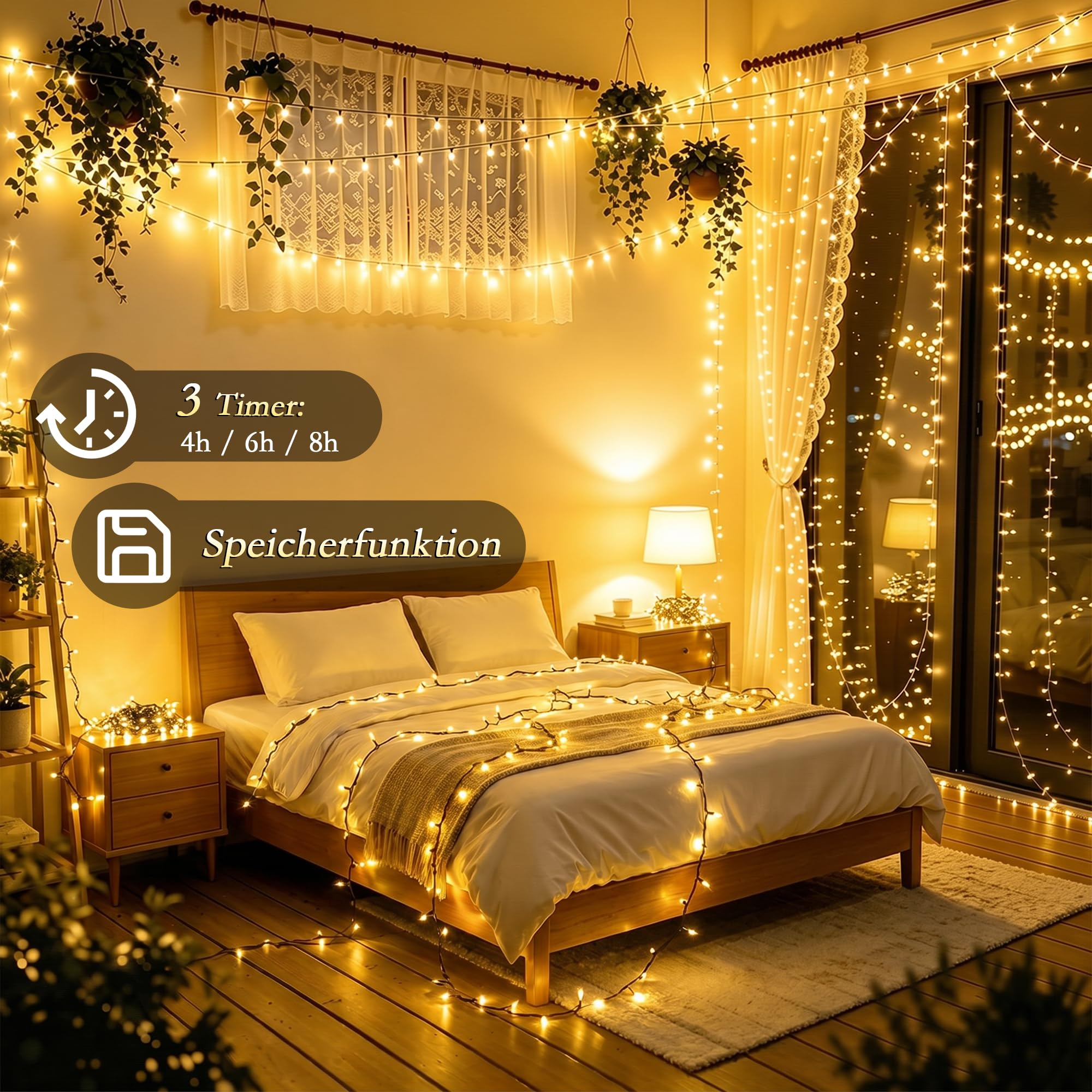 Cadena de luces para exteriores, blanco cálido, 25 m, 500 LED con cable verde, IP44, impermeable, regulable, 8 modos, temporizador y mando a distancia, cadena de luces para jardín, balcón