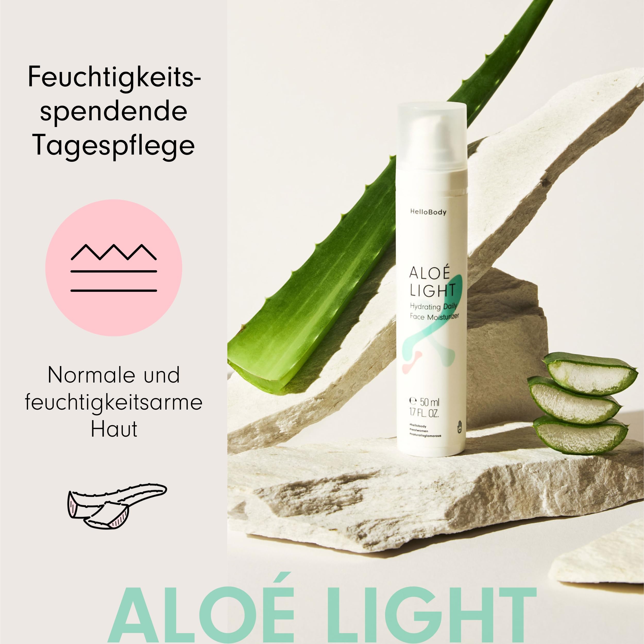 HelloBody Aloe Light Tagescreme mit Aloe Vera & Hyaluronsure   Feuchtigkeitsspendende Gesichtspflege  Fr trockene, dehydrierte &  empfindliche Haut  96,5% natrliche Inhaltsstoffe : Amazon.de: Kosmetik