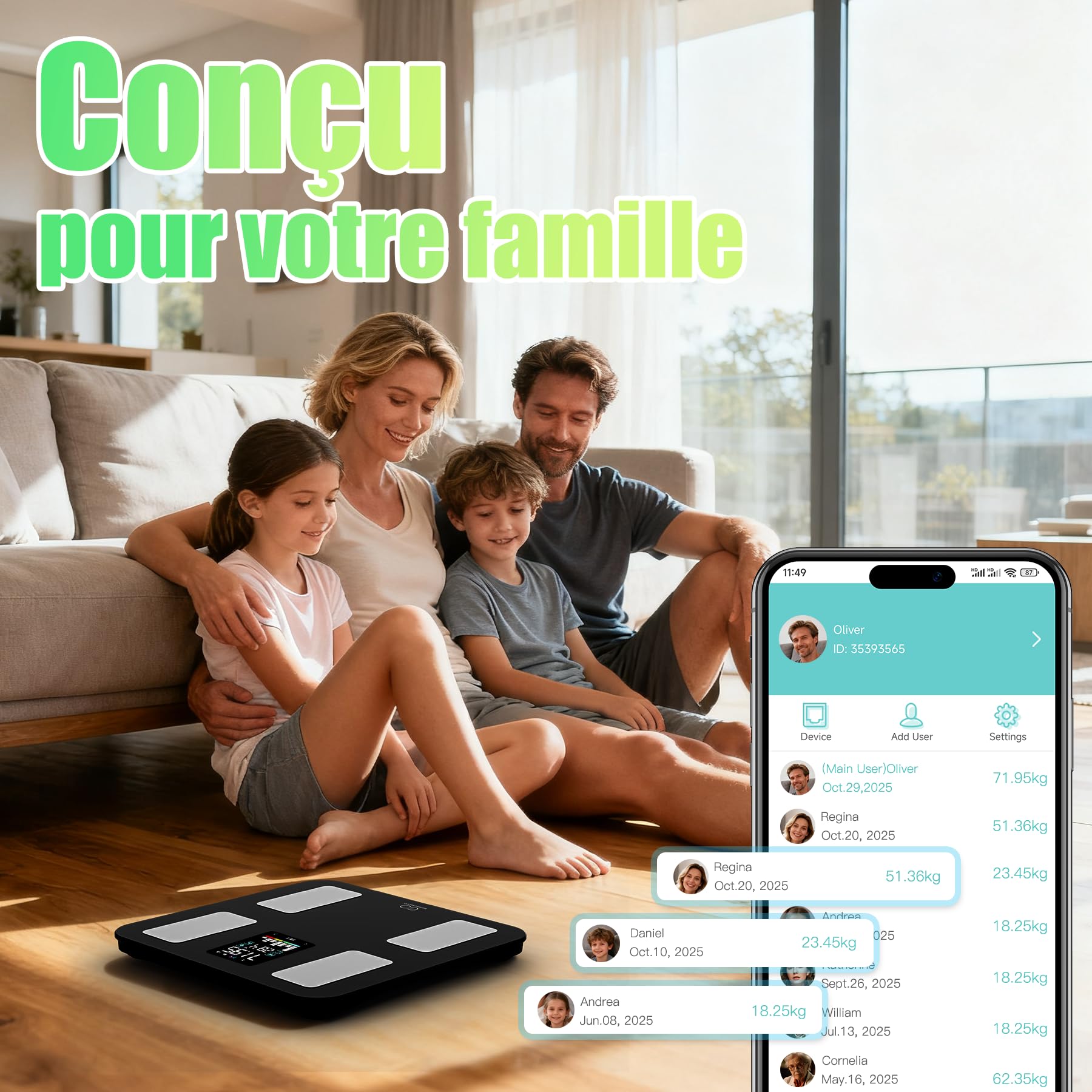 Pèse Personne Connecté, Balance Impédancemètre Écran Couleur VA, Courbe de Tendance, 20 Données (Graisse Viscérale, Muscle Squelettique, IMC), Max 180kg/400lb