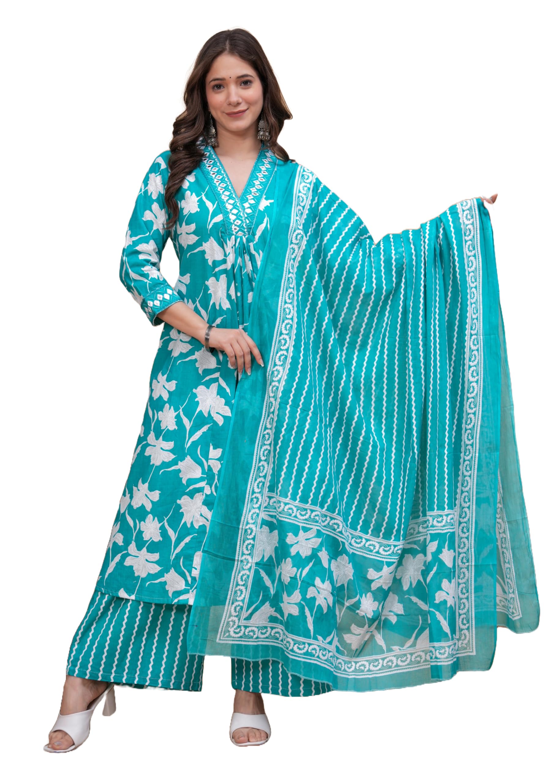 Women's Pure Cotton V-Neck Anarkali Printed Kurta with Palazzo & Dupatta-image-12