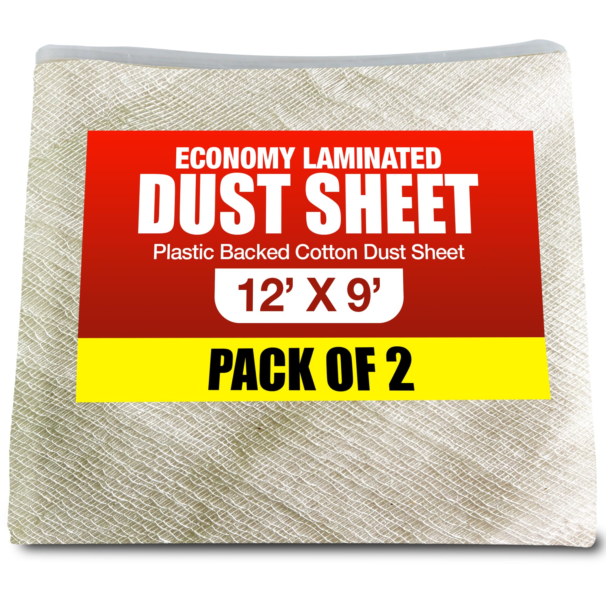 Laminated Dust Sheet 12ft x 9ft (3.65m x 2.75m) Pack of 2 Plastic Backed Cotton Drop Cloth for Painting & Decorating Waterproof Paint Cover Sheet for Floor, Furniture & Surface Protection Reusable