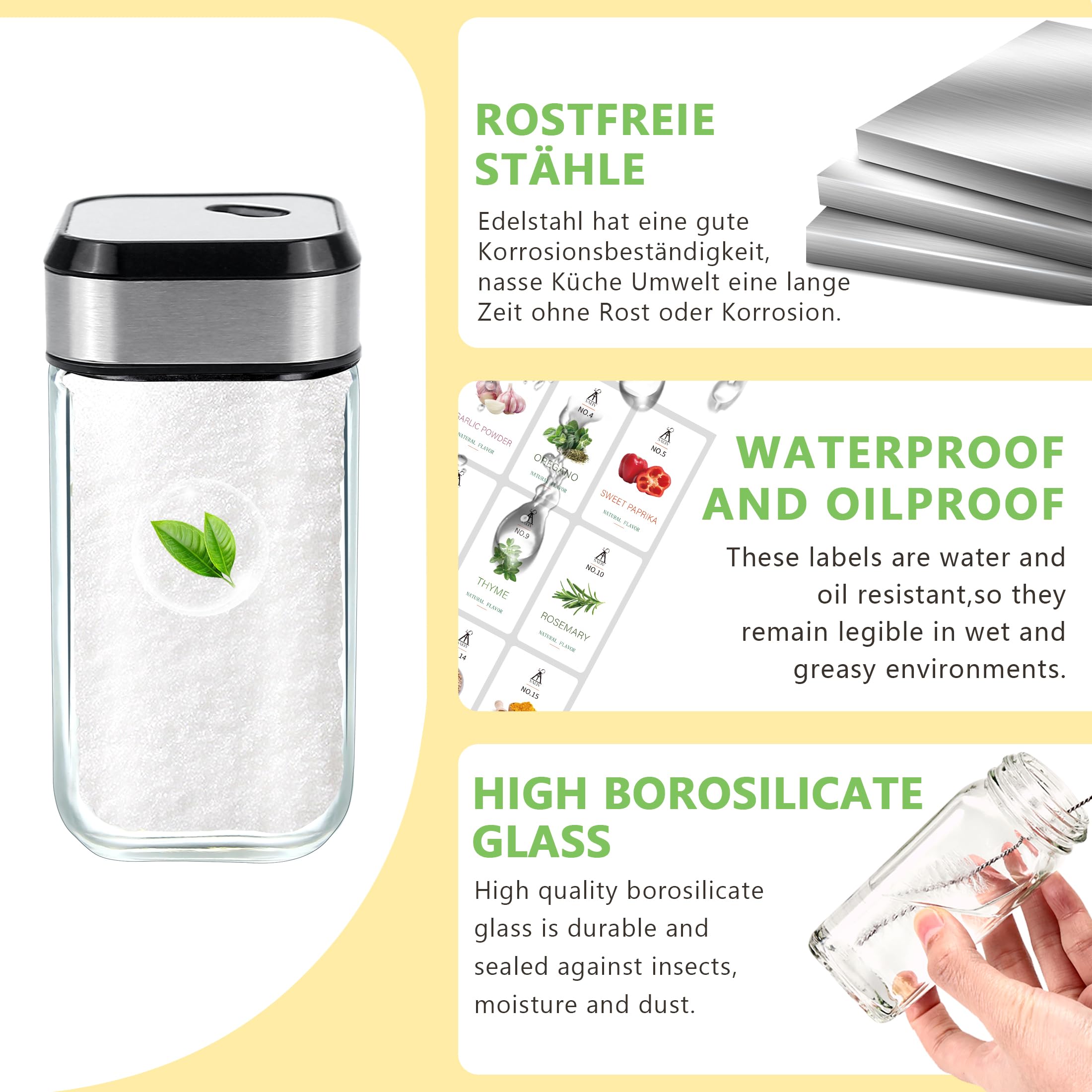 SAEIV Set de 24 bocaux à épices 120 ml, couvercles hermétiques à vis avec saupoudreur, boîtes à épices pour organiser votre cuisine, conservation des épices et herbes aromatiques, étiquettes incluses