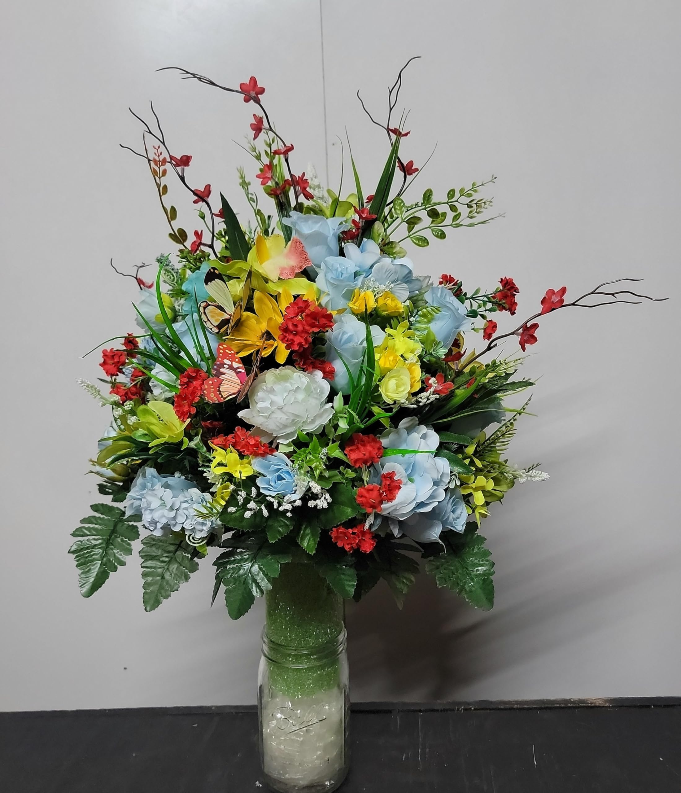 Pale blue with red Wildflower Cemetery Vase Cone, 3 inch wide Grave Vase Memorial Flowers for parents