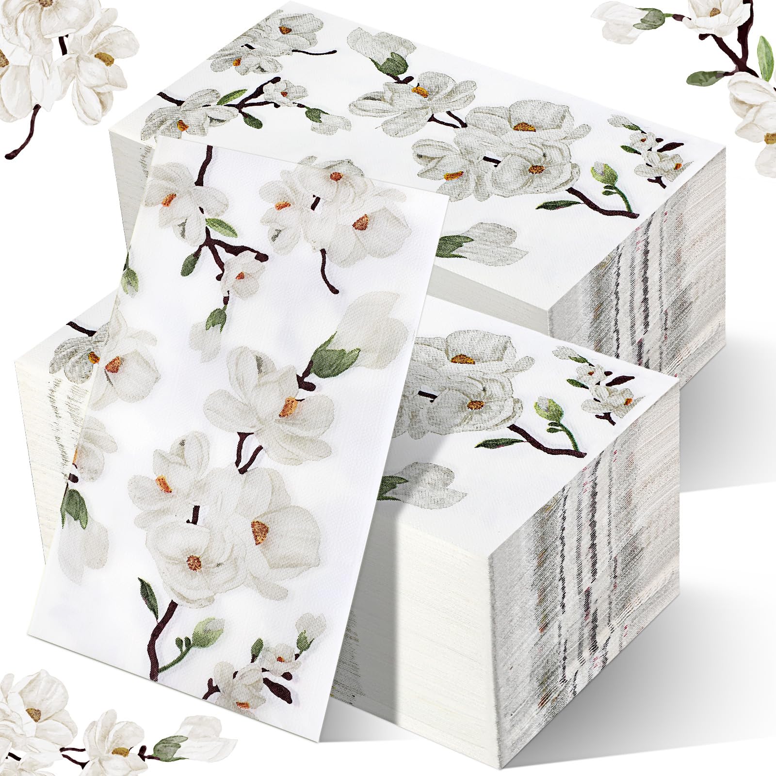 Outus 200 servilletas de flores blancas con magnolia para invitados, 3 capas, servilletas de mano desechables para baño, servilletas de papel decorativas para bodas, fiestas (plegadas de 7.9 x 4.3