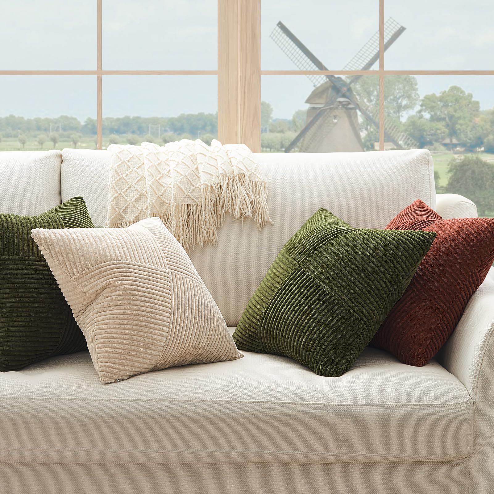 Topfinel Olive Green Cushion Covers 45x45 cm 18x18 Inch Set of 2 Corduroy Patchwork Pinwheel Throw Pillow Cases with Invisible Zipper Decorative Sofa Cushion Covers for Living Room Bedroom Sofa Bed - Image 2