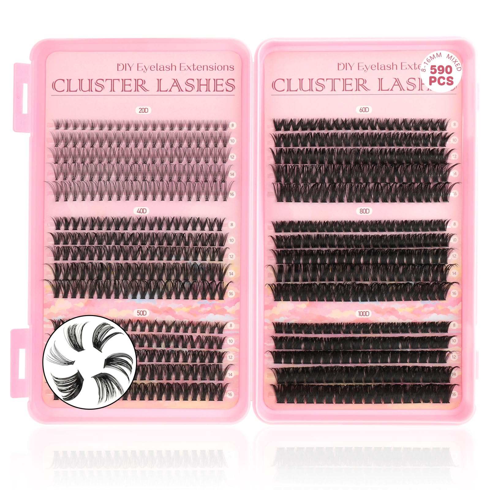Parriparri Wimpern Extensions 590 Stück D-Curl Individuelle Cluster 20D+40D+50D+60D+80D+100D in 8-16mm, für Natürlichen & Dramatischen Look für DIY zu Hause