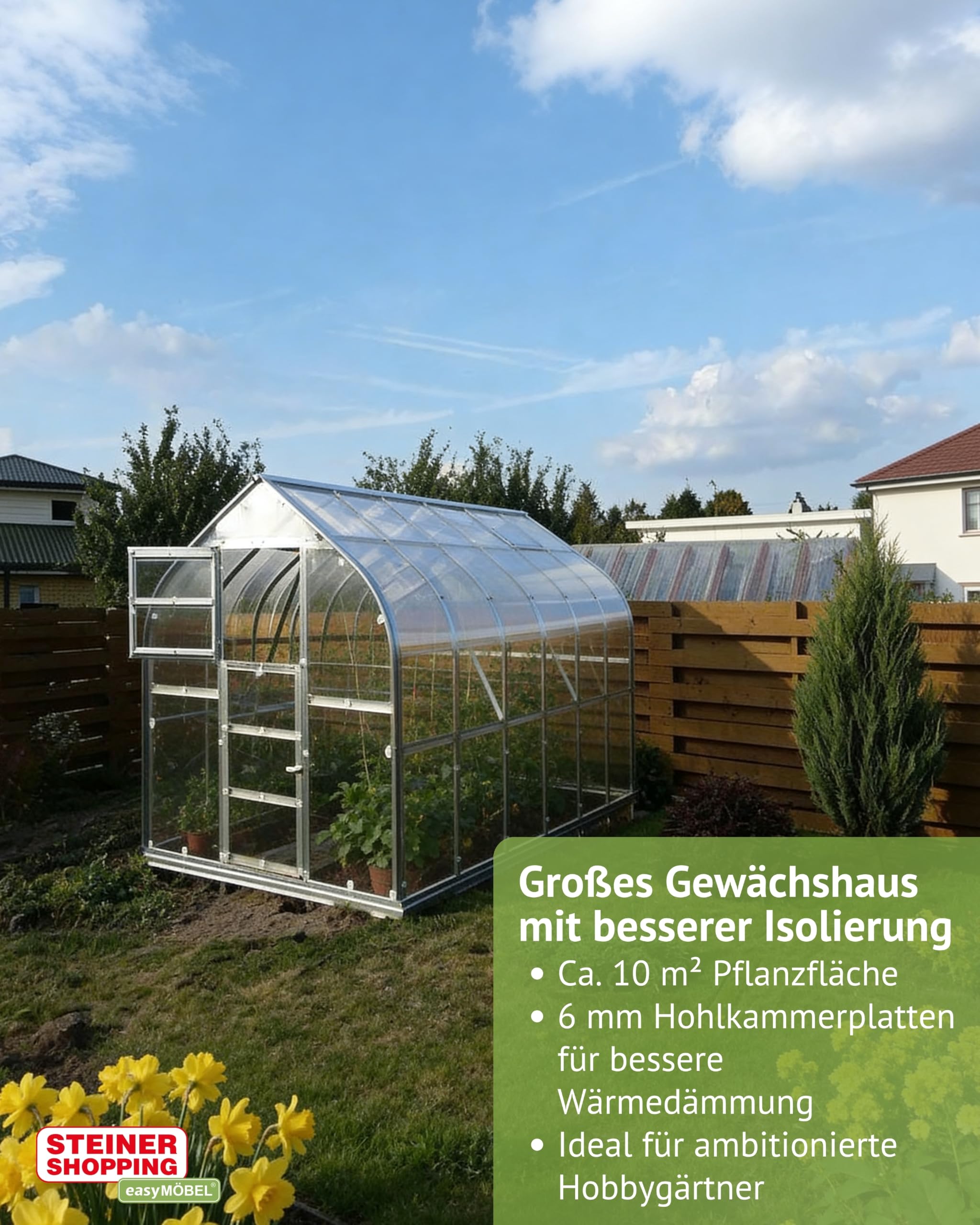 Gewächshaus 07 HKP 6 mm, Grundfläche 10 m²- Abmessungen: 400 x 250 cm (L x B)