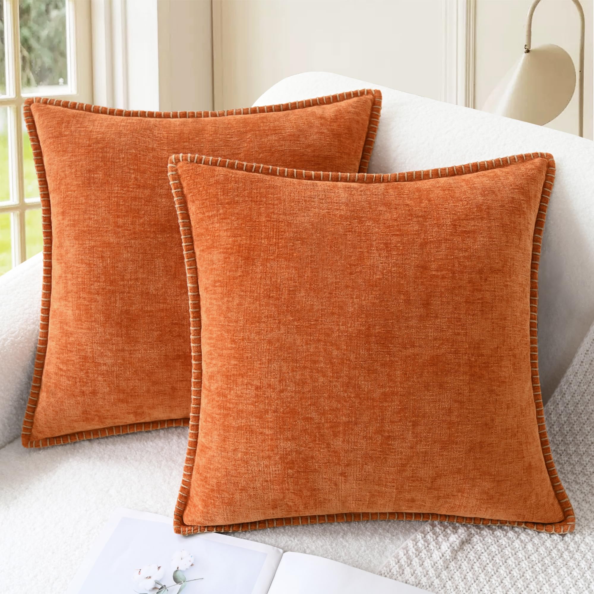 CaliTime Throw Pillow Cases Pack of 2 Cotton Thread Stitching Edges Solid Dyed Soft Chenille Cushion Covers for Couch Sofa Home Farmhouse Decoration 66cm x 66cm Burnt Orange — image 1