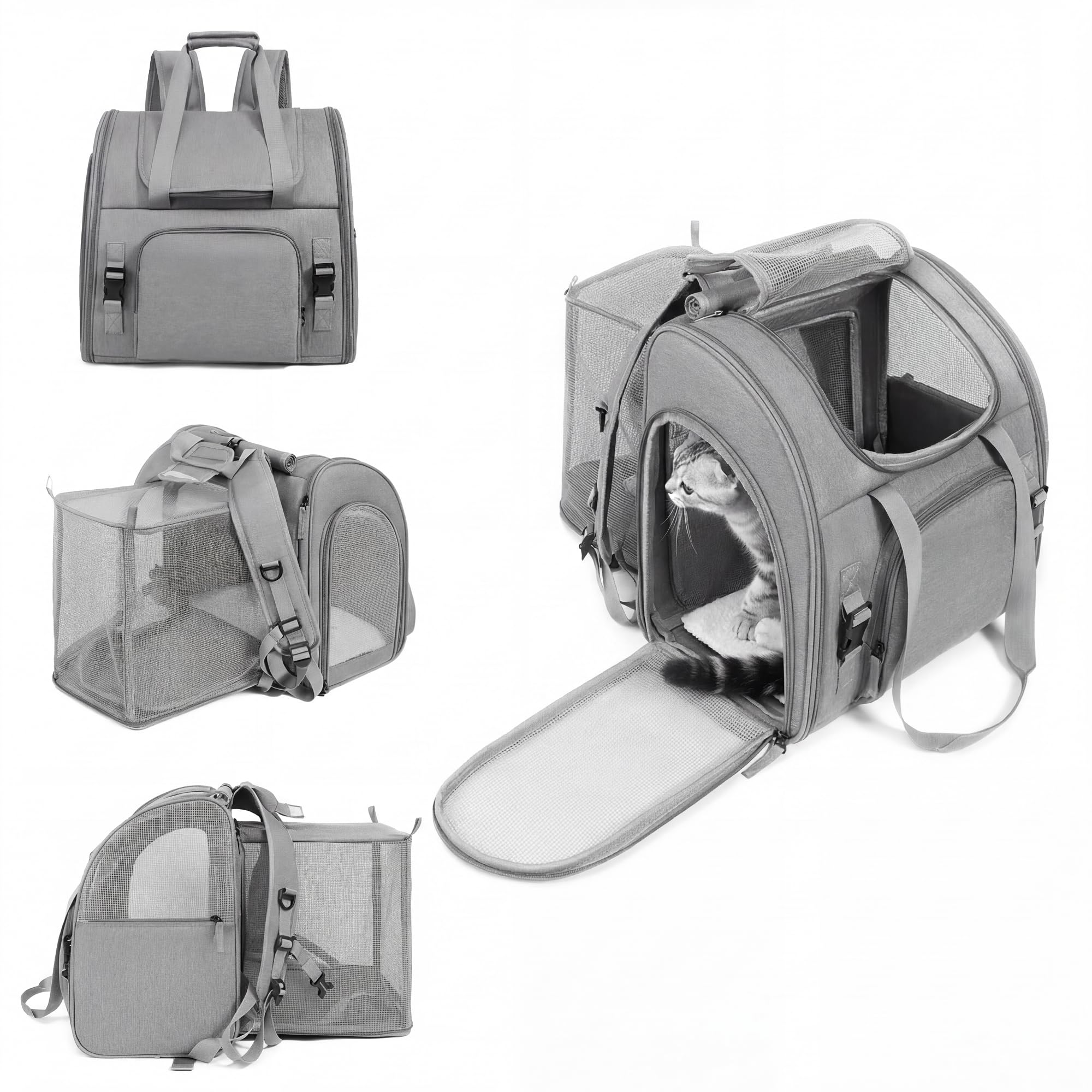 Atmungsaktiver Katzenrucksack, erweiterbarer & Faltbarer Haustier-Reiserucksack, Transportrucksack für Katzen, Kleinhunde, mit Gurt für Autositz & Gepäckträger, für Reisen, Spaziergänge