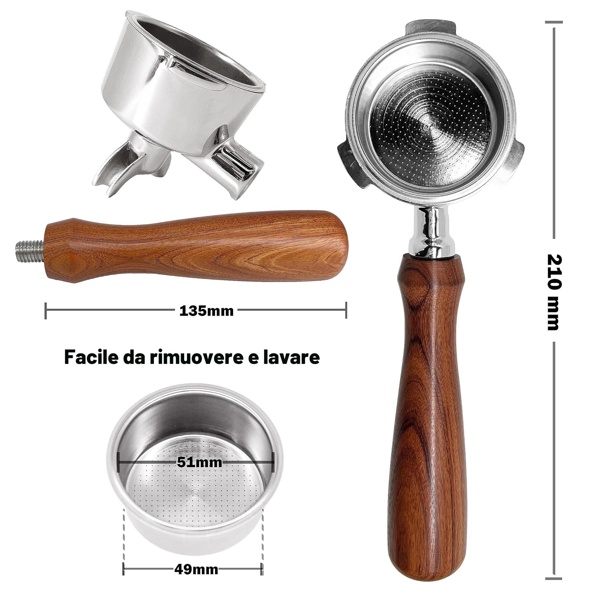 NEOUZA Portafiltro per espresso da 51 mm, compatibile con macchina da caffè DeLonghi Dedica EC680 EC685 ECF01, cestello non pressurizzato, doppio beccuccio (3 orecchie)
