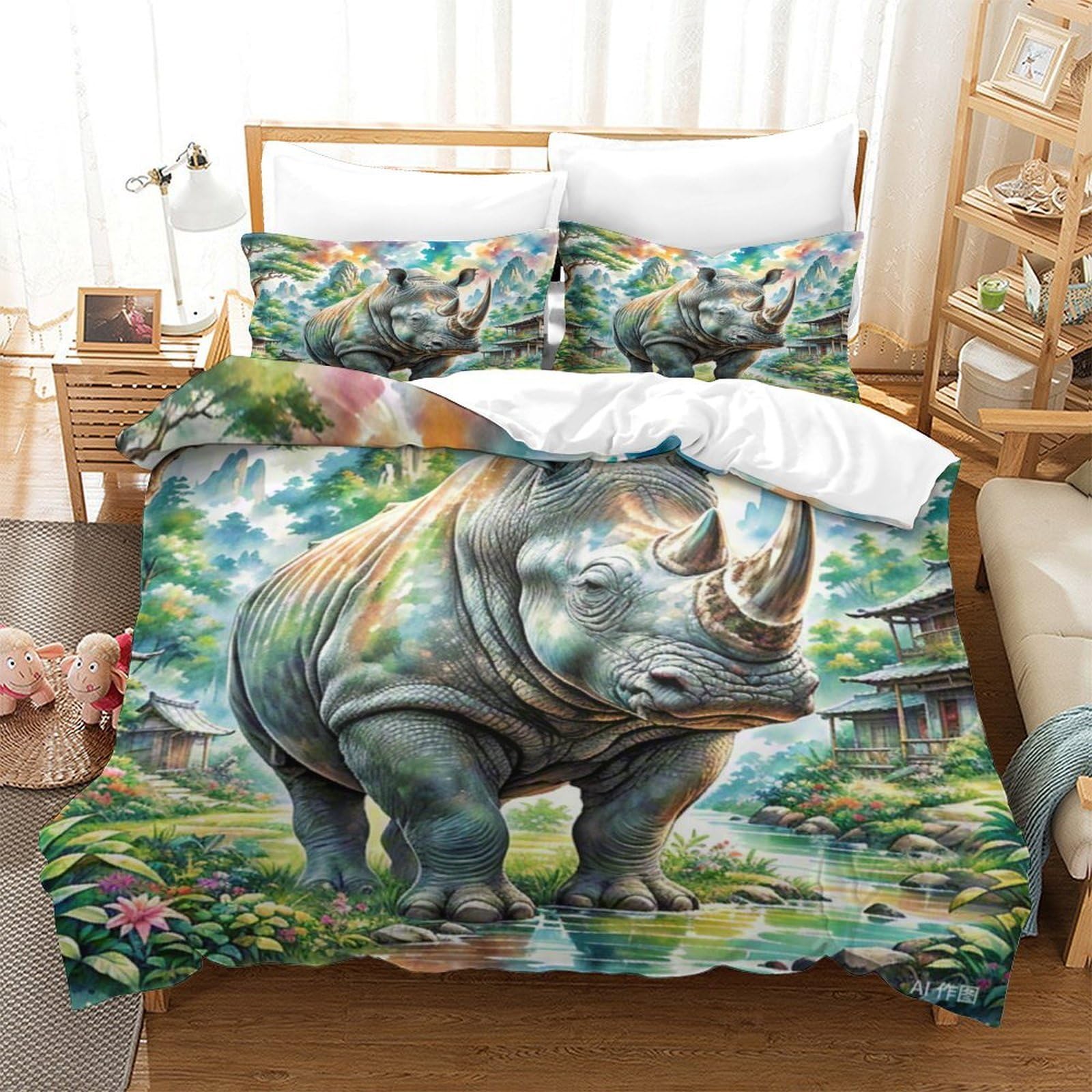 Housse de couette rhinocéros 3D en microfibre 260x220cm pour lit super king