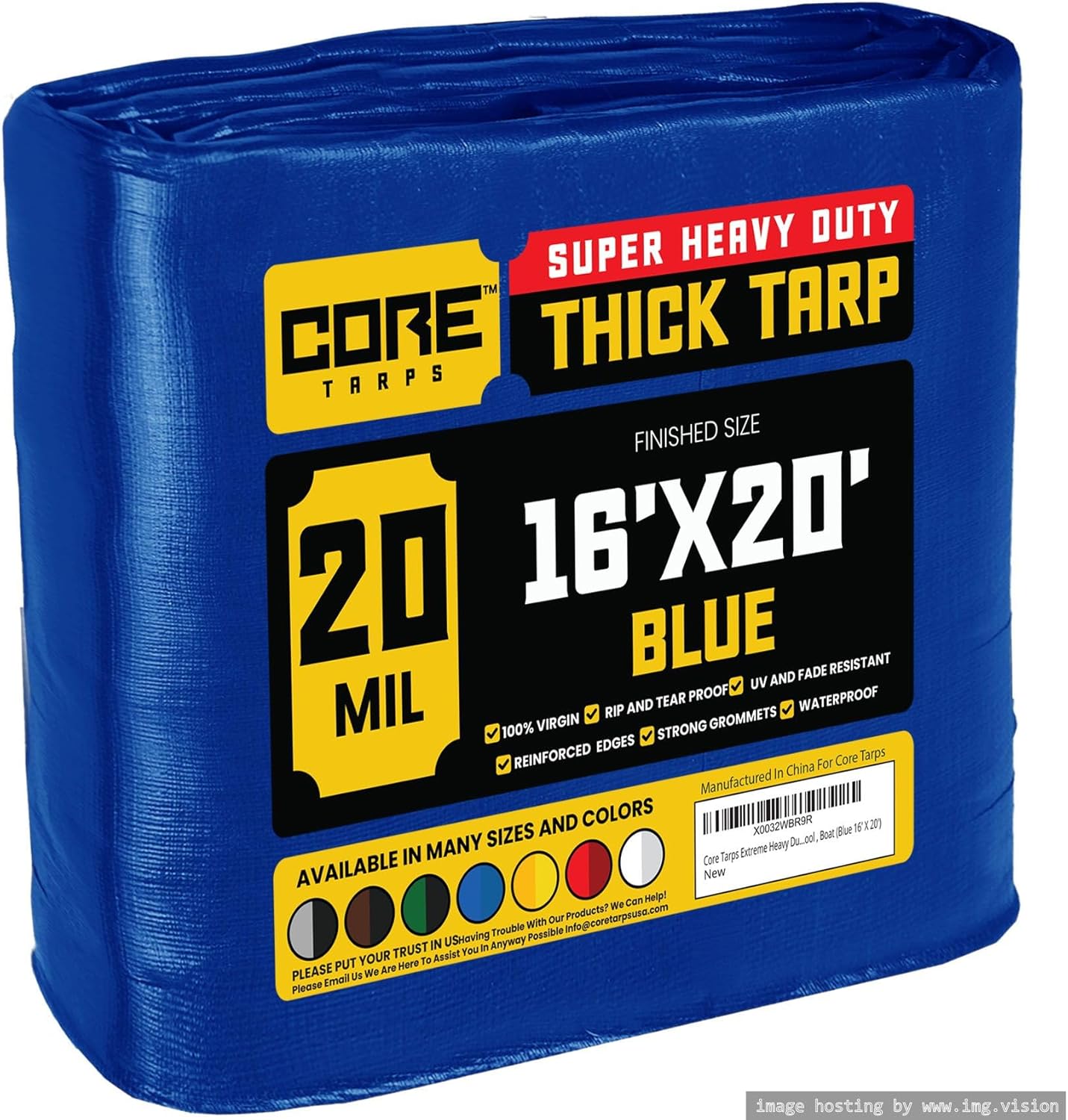 Core Tarps Extreme Heavy Duty 20 Mil Tarp Cover, Waterproof, UV Resistant, Rip and Tear Proof, Poly Tarpaulin with Reinforced Edges for Roof, Camping, Patio, Pool, Boat (Blue 16? X 20?) 16? X 20? Blue-20 Mil