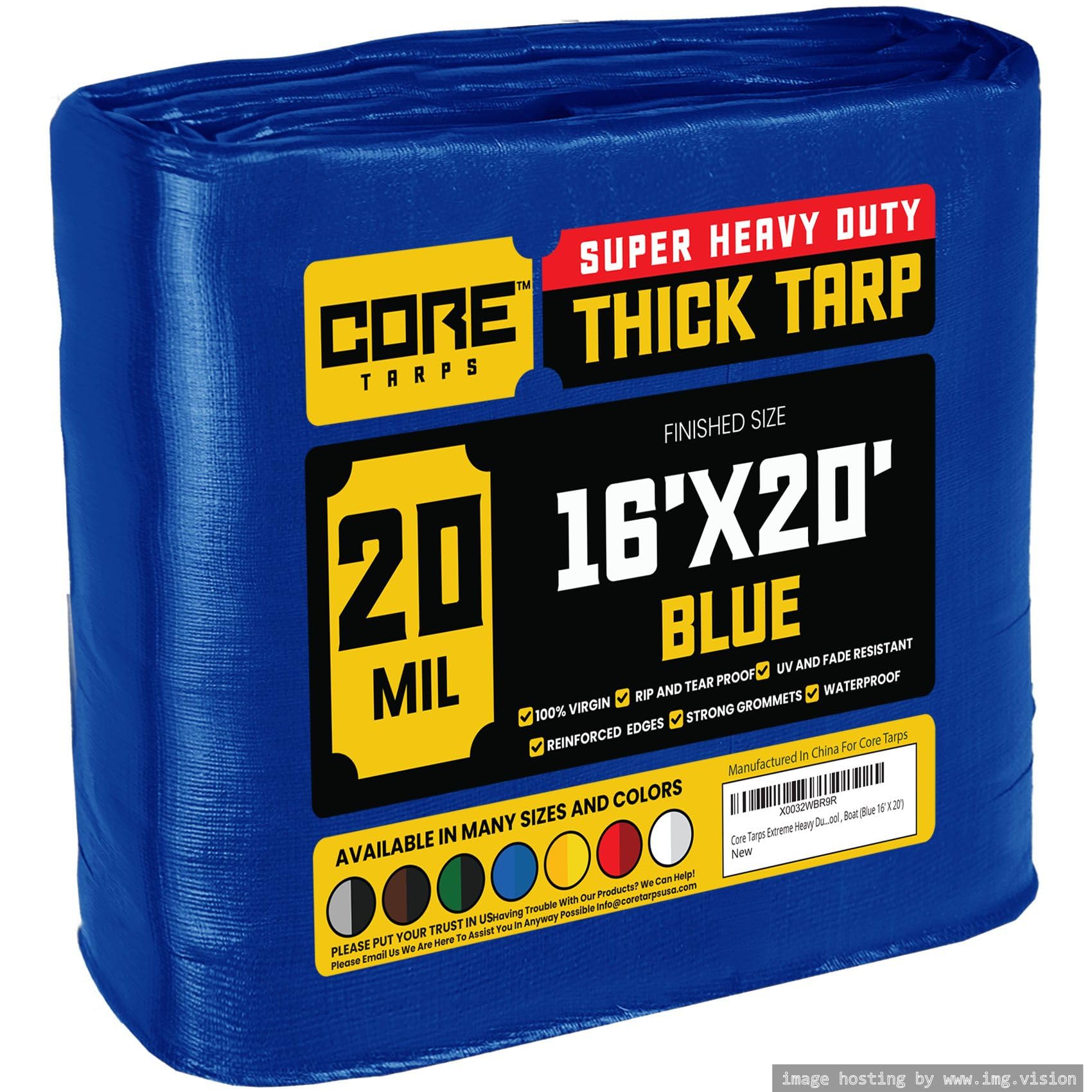 Core Tarps Extreme Heavy Duty 20 Mil Tarp Cover, Waterproof, UV Resistant, Rip and Tear Proof, Poly Tarpaulin with Reinforced Edges for Roof, Patio, Pool, Boat (Blue 16′ X 20′)