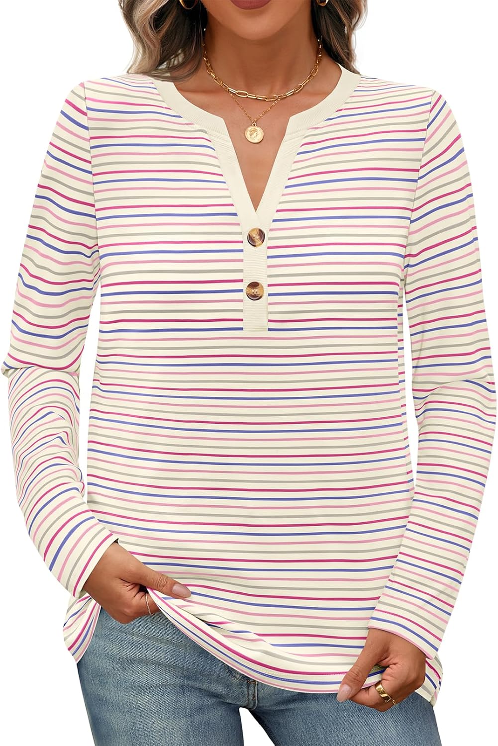 MEROKEETY Women's Fall Long Sleeve Striped Henley Tops V Neck Dressy Casual Loose Shirt 2025 Trendy Blouse