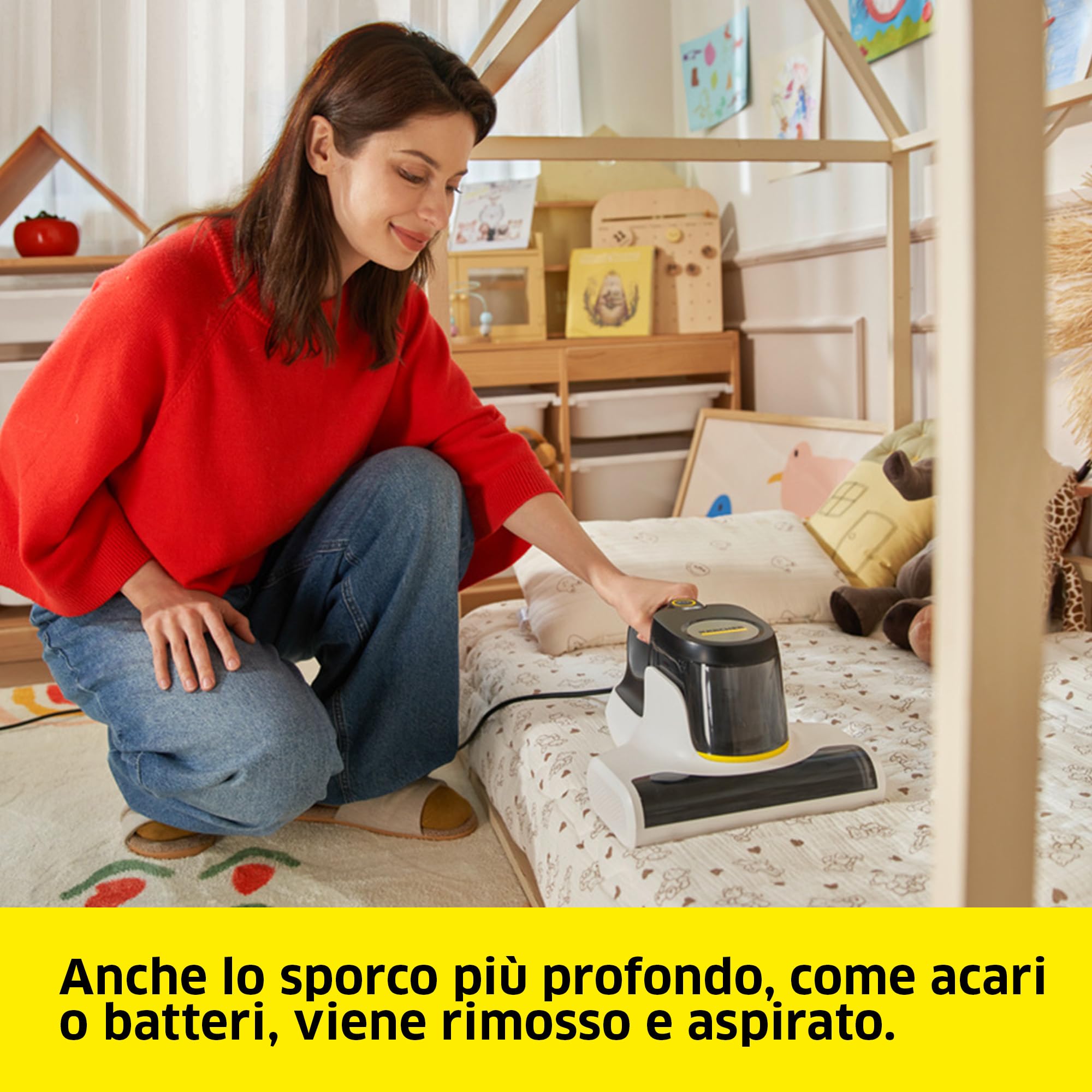 KÄRCHER aspirapolvere per materassi VCH 4 UVClean, pulizia profonda igienica con luce UV-C, rullo battente e funzione aspirante, potenza: 500 Watt, peso: 2,1 kg, elimina acari e batteri, per allergici