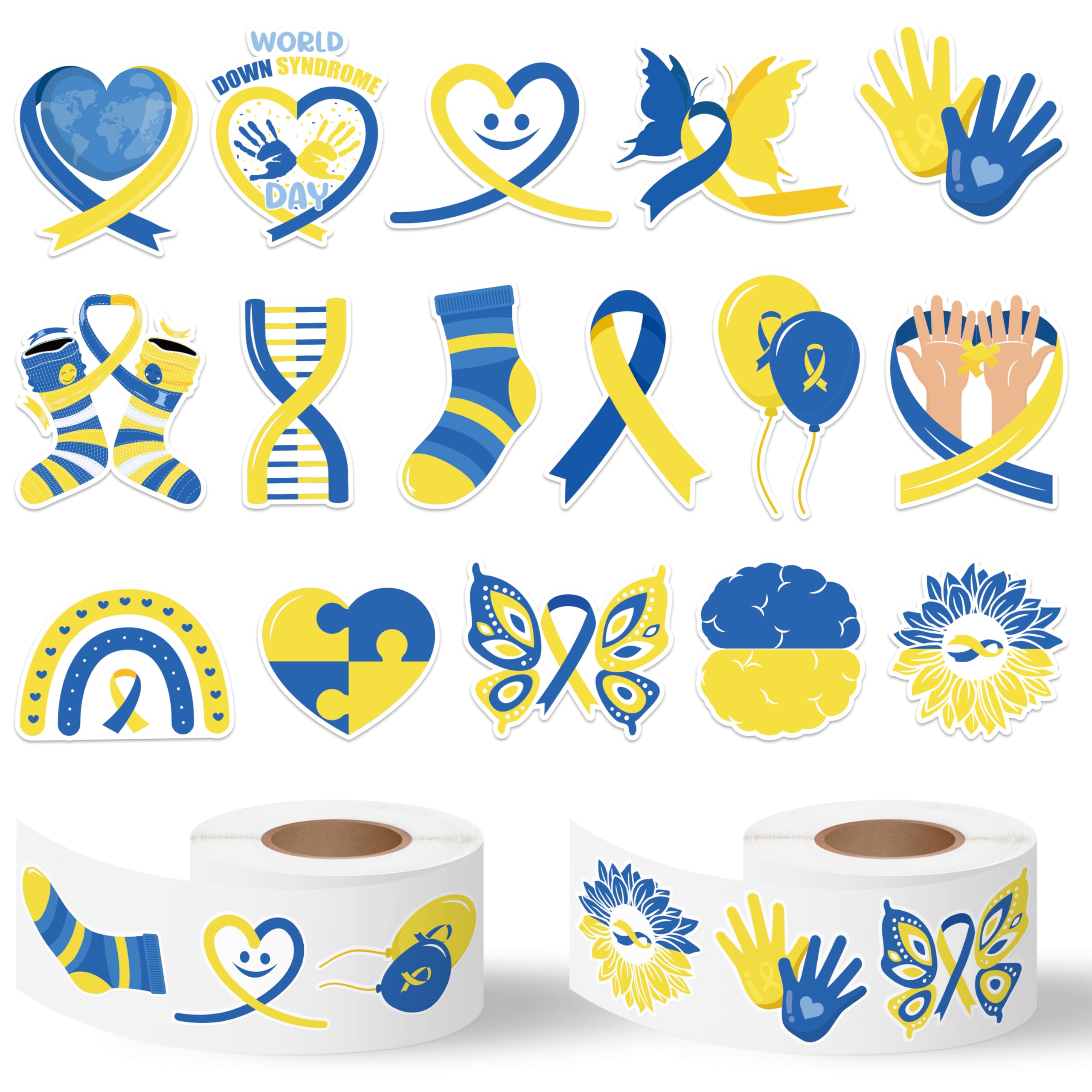 Down Syndrome Stickers Rolls - 1000 Pcs Down Syndrome Awareness Month Waterproof Vinyl Reusable Laptop Stickers Coloring Book Scrapbook Water Bottle Page Activity Pad Party Favors Skateboard
