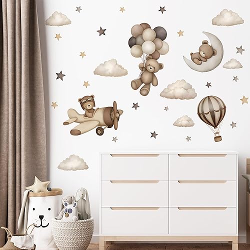 Miniatura 15 de Calcomanías de pared de oso de peluche, calcomanías de pared de animales de dibujos animados, calcomanías de pared con globos, estrellas, luna