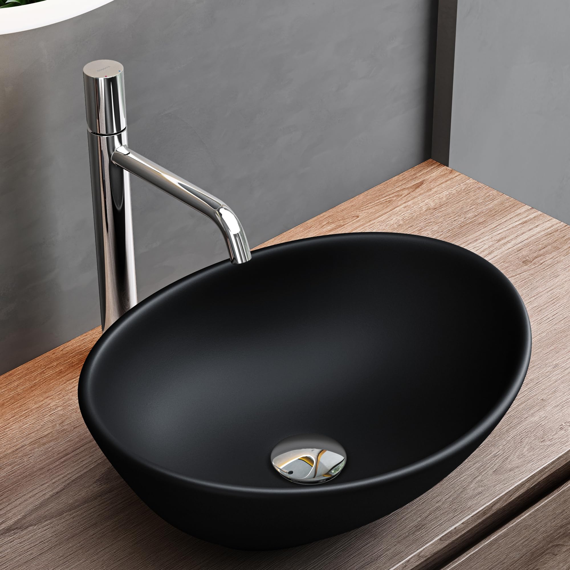 Mai & Mai Matte Black Bathroom Sink Basin Countertop Wash Basin | Ceremic Oval Matt Black | Modern Design Bathroom Vessel Sink | Wdh: 42X34x14cm | Nano-Coating Brüssel205