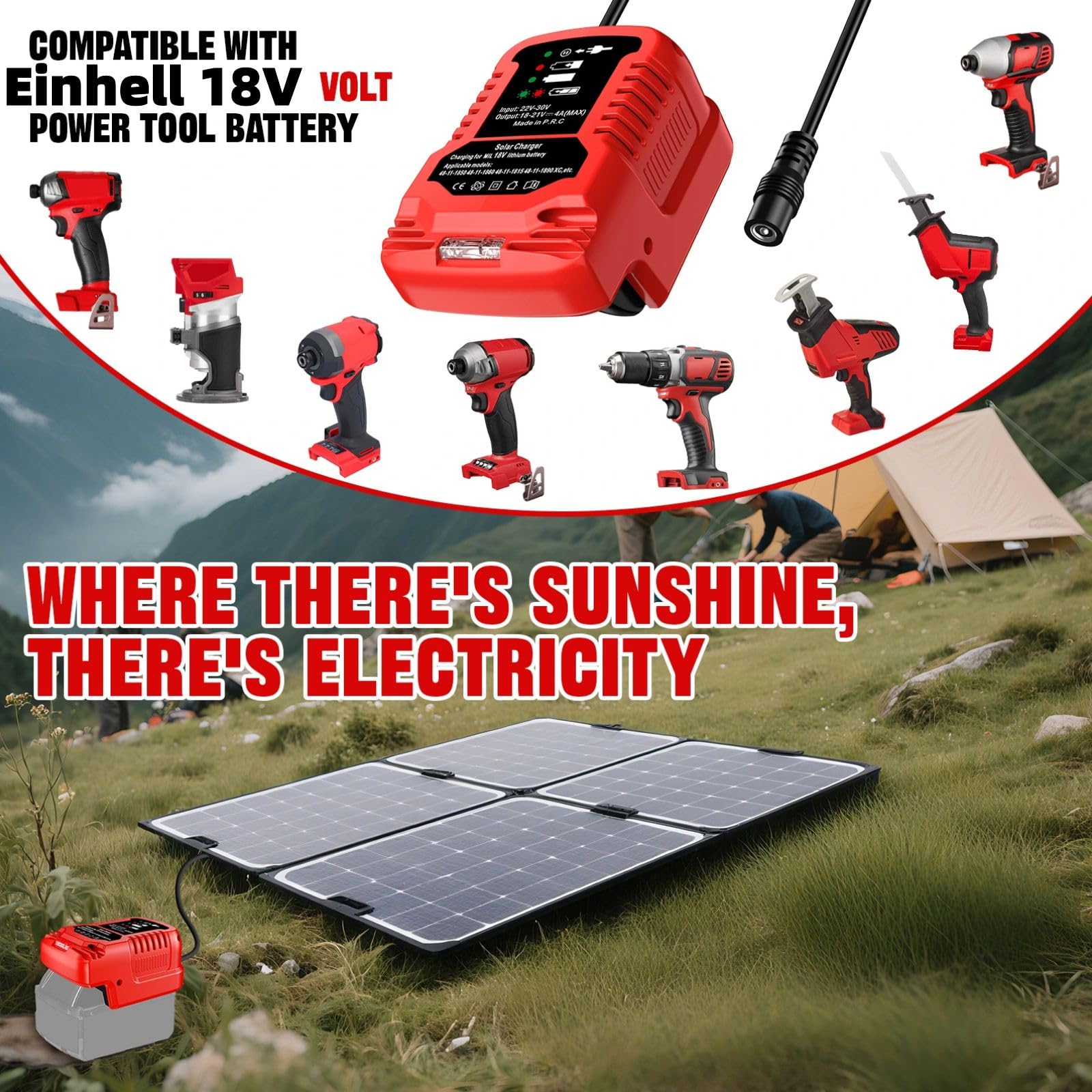Solar Ladegerät für Einhell 18V Akku,Tragbar,Outdoor-Arbeit,Camping(Solar Panel and Battery not Included.)