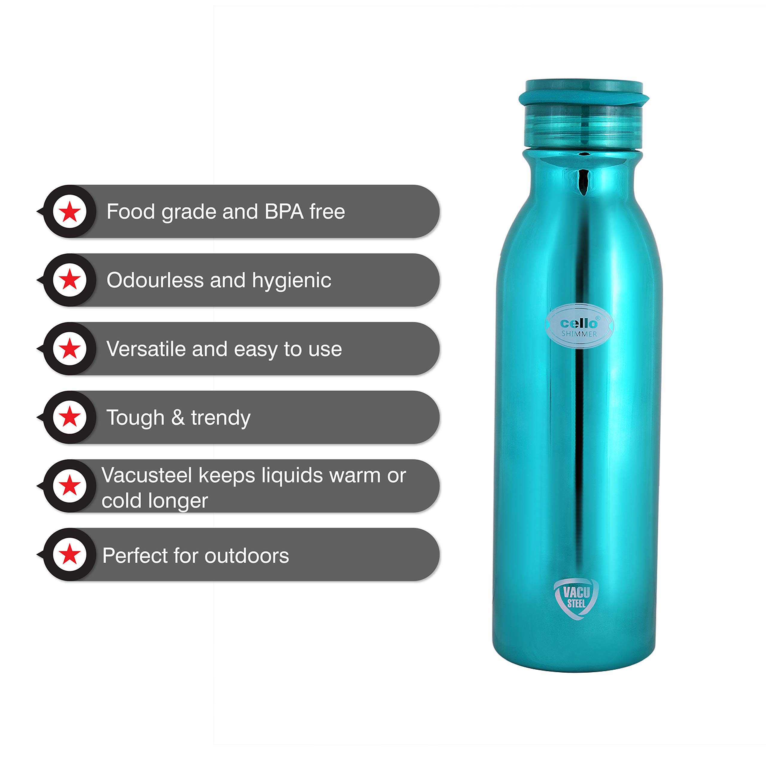 Cello Shimmer Stainless Steel Double Walled Water Bottle | Hot & Cold Water Flask | 600ml | 1 Unit | Blue - Image 4 thumbnail