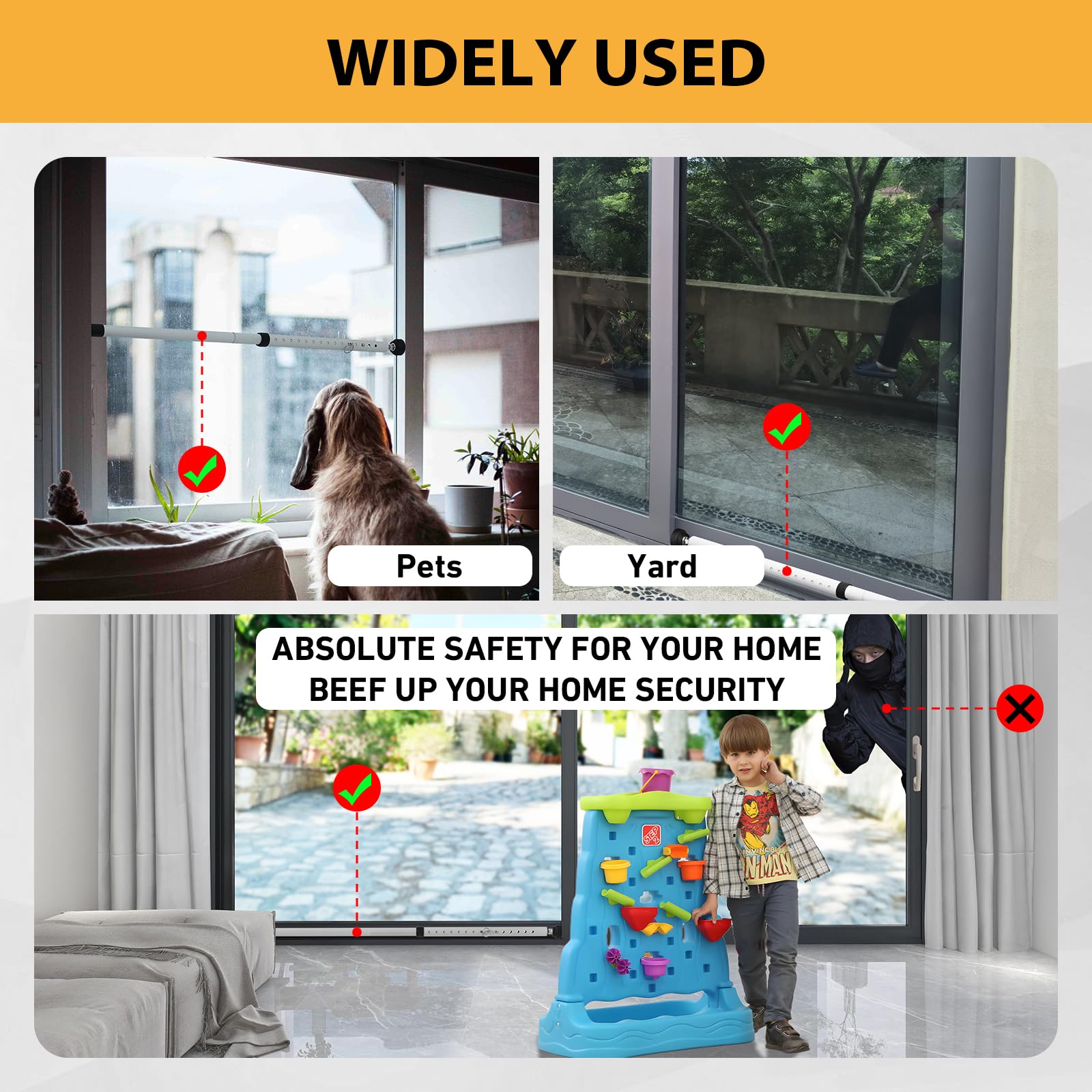 Paquete de 2 barras de seguridad para puertas corredizas y ventanas, topes ajustables para puertas y ventanas, seguridad mejorada para el hogar, viajes, dormitorio