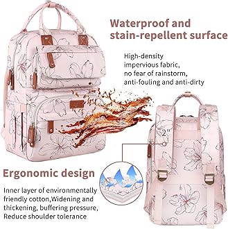 Diaper Bag Backpack, Baby Girl Diaper Bag for Mom, Large Pink Floral Diaper Bag Backpack for Girls, Waterproof Mom Backpack for Work Travel Holiday with Insulated Pockets and Stroller Straps