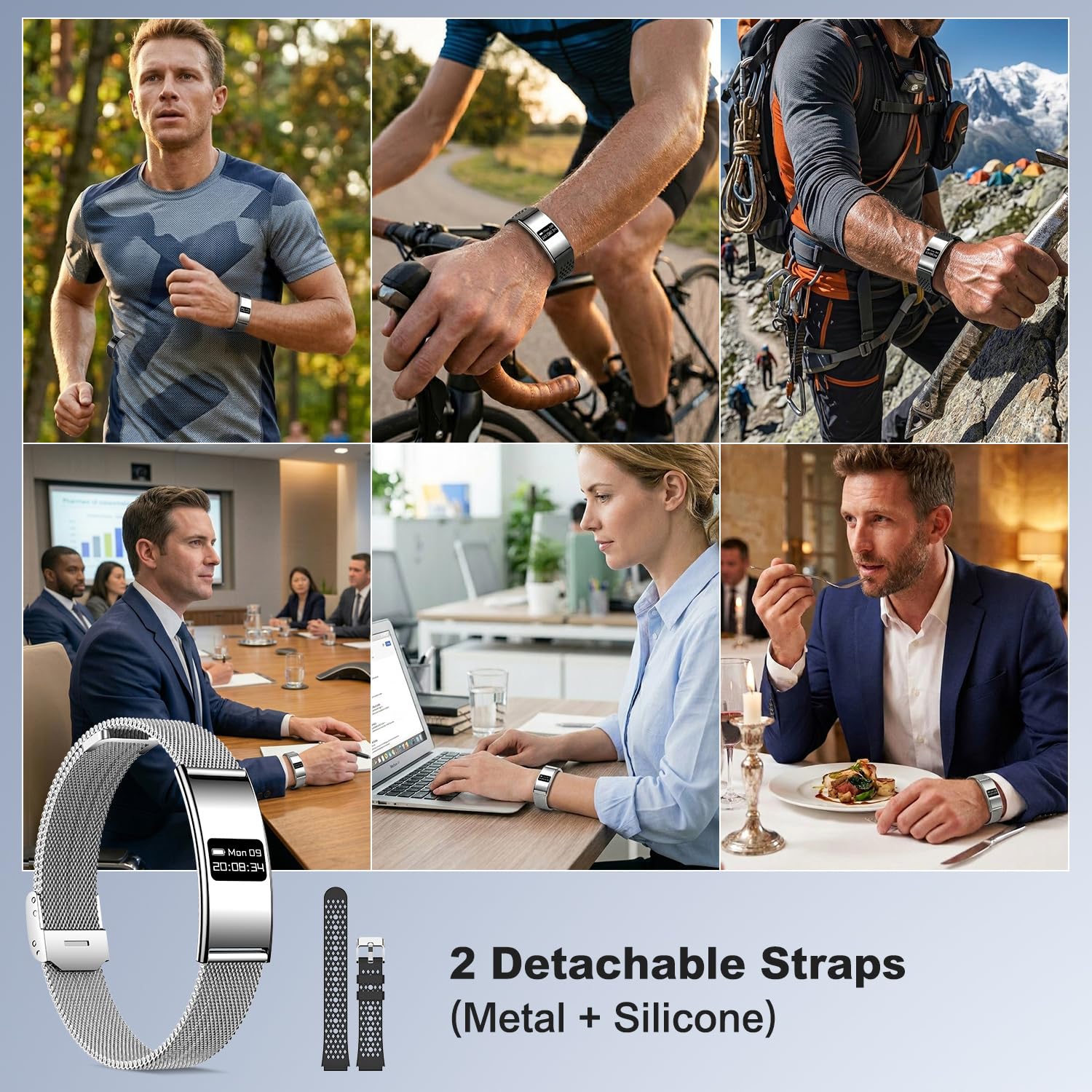 Fitness Tracker Smartwatch dla Kobiet i Mężczyzn, 24-godzinny monitor tętna i SpO2, monitor snu, 20 trybów sportowych, licznik kroków, wodoodporna IP68, smartwatch 2 paski dla Android iOS (srebrny)