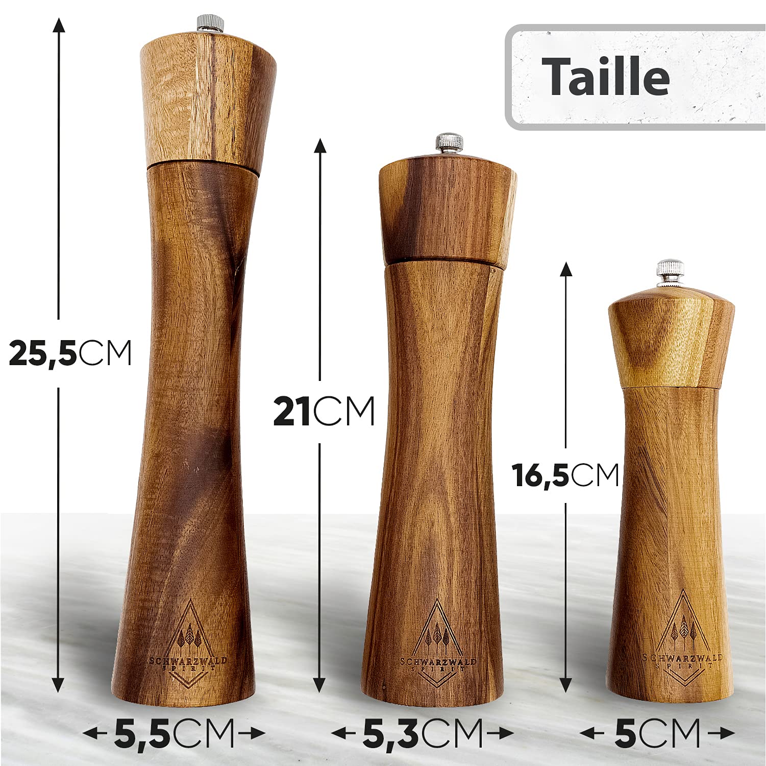 Set de Moulin à Poivre et à Sel en Bois d'Acacia - Salières et Poivrières Manuelles, Rangement et Organisation de Cuisine – 21 cm