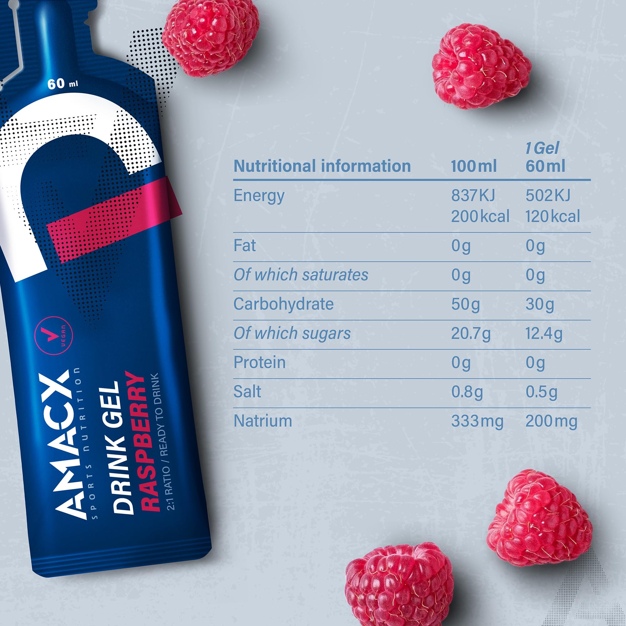AMACX Energy Gel – Gel Energetique Velo et Course a Pied – Paquet de 12 – Gel sportif avec maltodextrine et Electrolyte – 30g de Glucides et 200mg de Sodium – Framboise