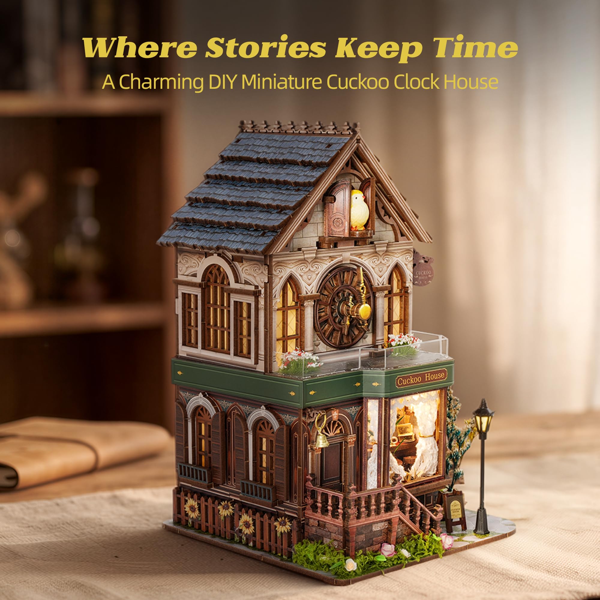 FUNPOLA Puzzle 3D en Bois Maison Miniature avec Son de Coucou, Kit Modèle Mécanique DIY Horloge à Coucou, Décoration Maison, Cadeau Créatif pour Adultes et Adolescents (Maison Coucou)