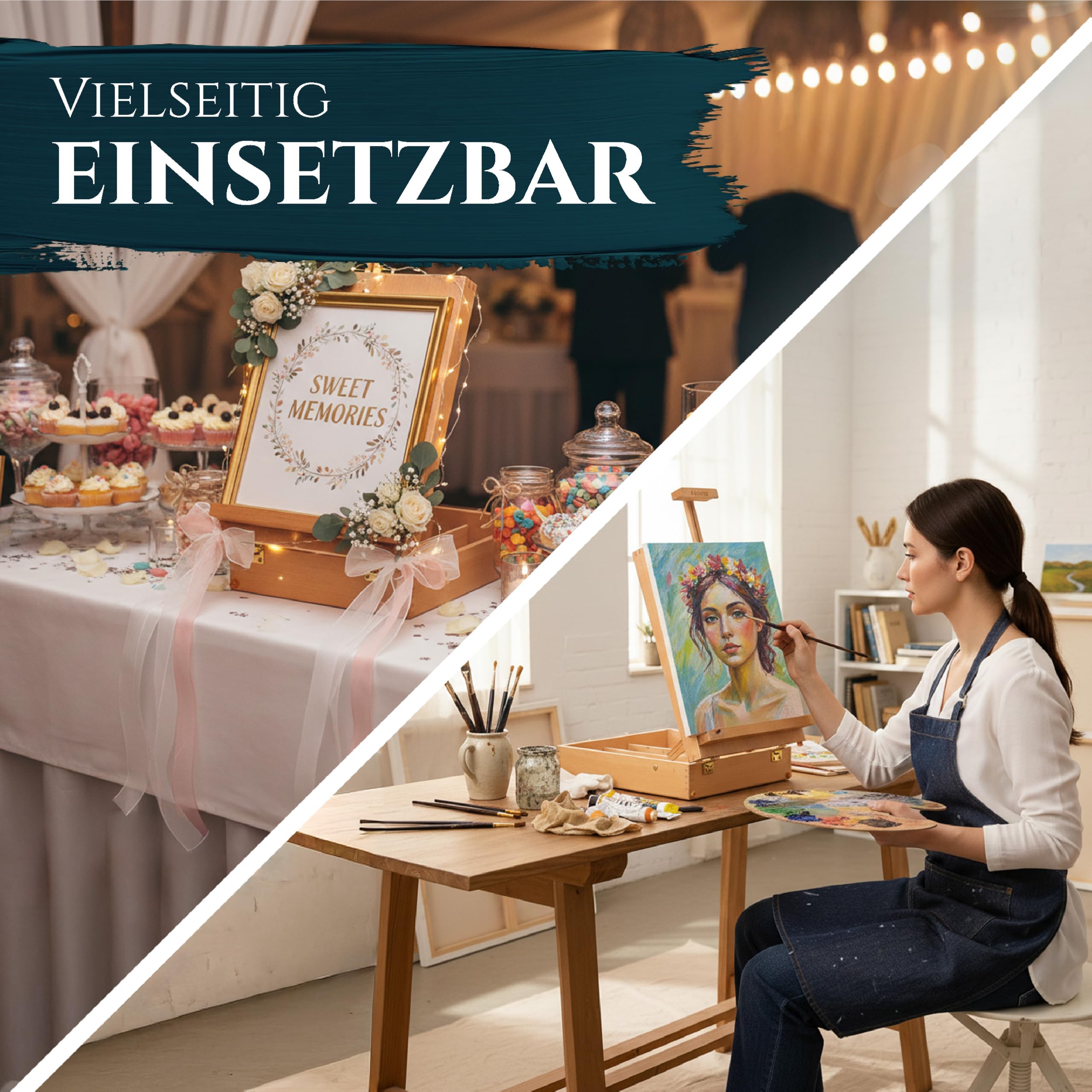 Artina Tischstaffelei für Keilrahmen bis 66 cm Nancy – Künstlerkoffer Verstellbare Holz Staffelei Tisch Buchenholz mit Tragegriff – Kofferstaffelei Malkoffer mit 3 Fächern für Farben & Pinsel