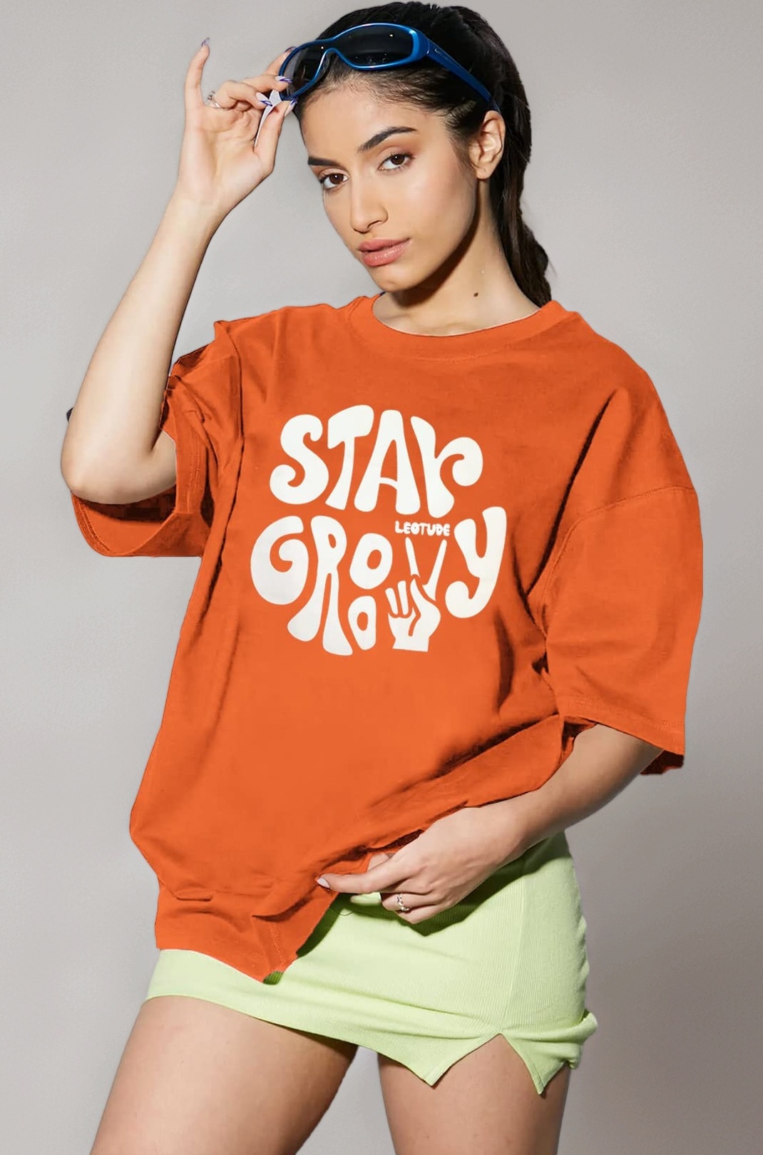 LEOTUDE Womens Oversized Round Neck Cottonblend Half Sleeve T-Shirts (Colour: Multicolor)