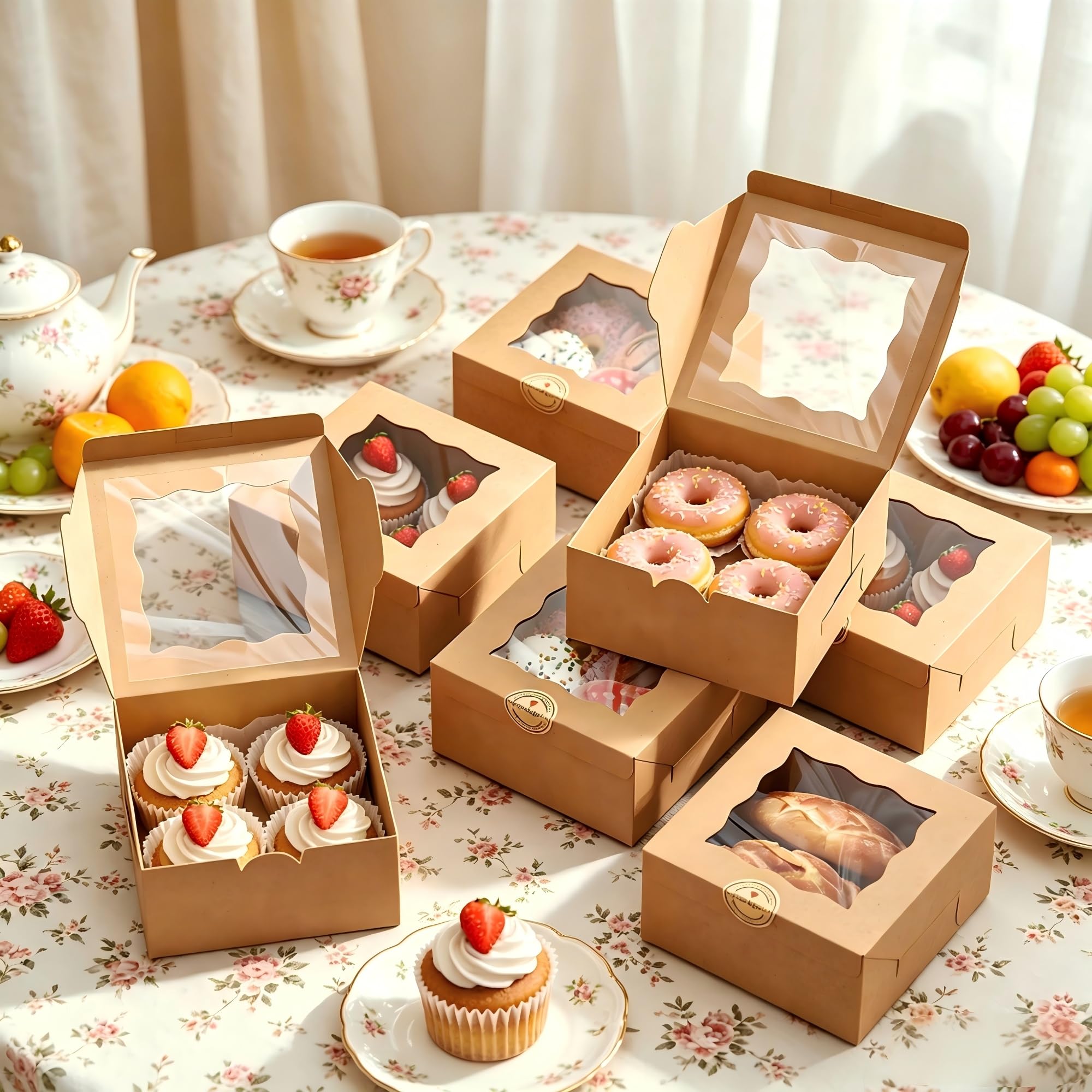 50 Scatole Piccole per Torte con Finestra Trasparente 15x15x7,6 cm, Scatola Kraft per Cupcake con Adesivi e Spago di Iuta, Scatola di Cartone per Biscotti, Ciambelle Conservazione