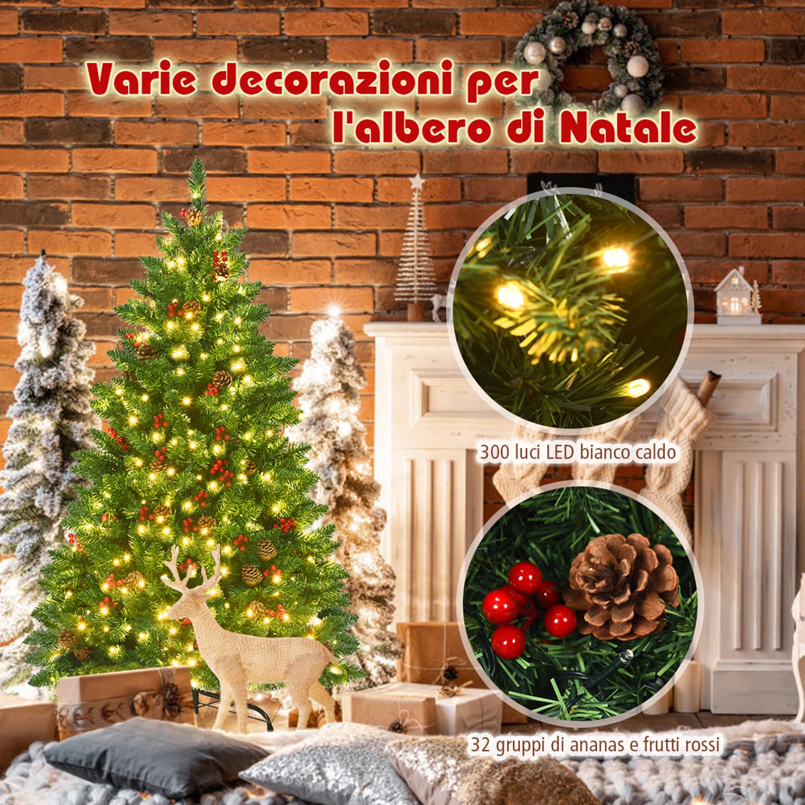 COSTWAY Albero di Natale 135/195 cm, Albero di Natale con 300/450 Luci Incorporate Bianco Caldo, 516/1100 Rami, 32/56 Pigne e 32/56 Bacche Rosse e Base in Metallo, Verde (135cm)