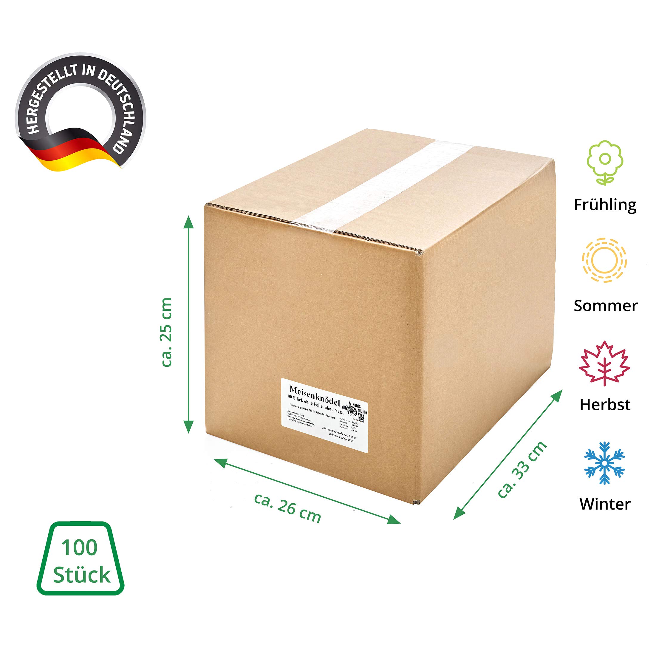 Paul's Mühle Meisenknödel für Wildvögel, ohne Netz, ohne Folie im Karton, 200 Stück, 90 g pro Knödel