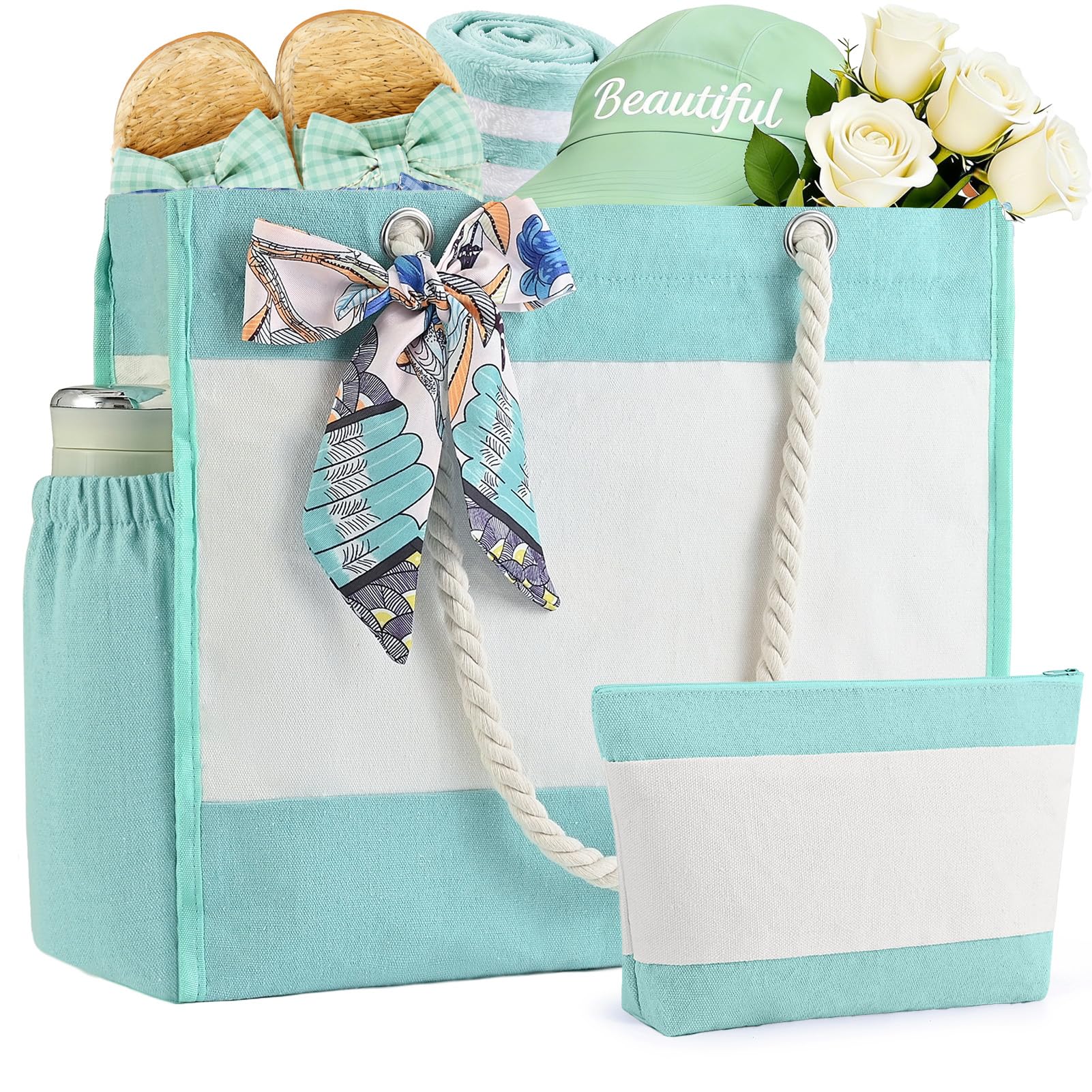 Beach Tote with Cosmetic Bag, Waterproof Canvas Beach Bag w/Ribbon Personalized for Women Birthday Travel Essential