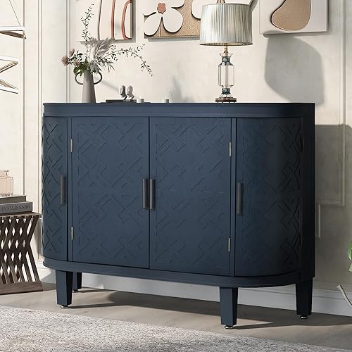 Merax Navy Blue Modern Wood Buffet Sideboard with 4 Doors, Farmhouse Free Standing Storge Cabinet Console Table for Living Dinning Room Hallway, 47.2'' L