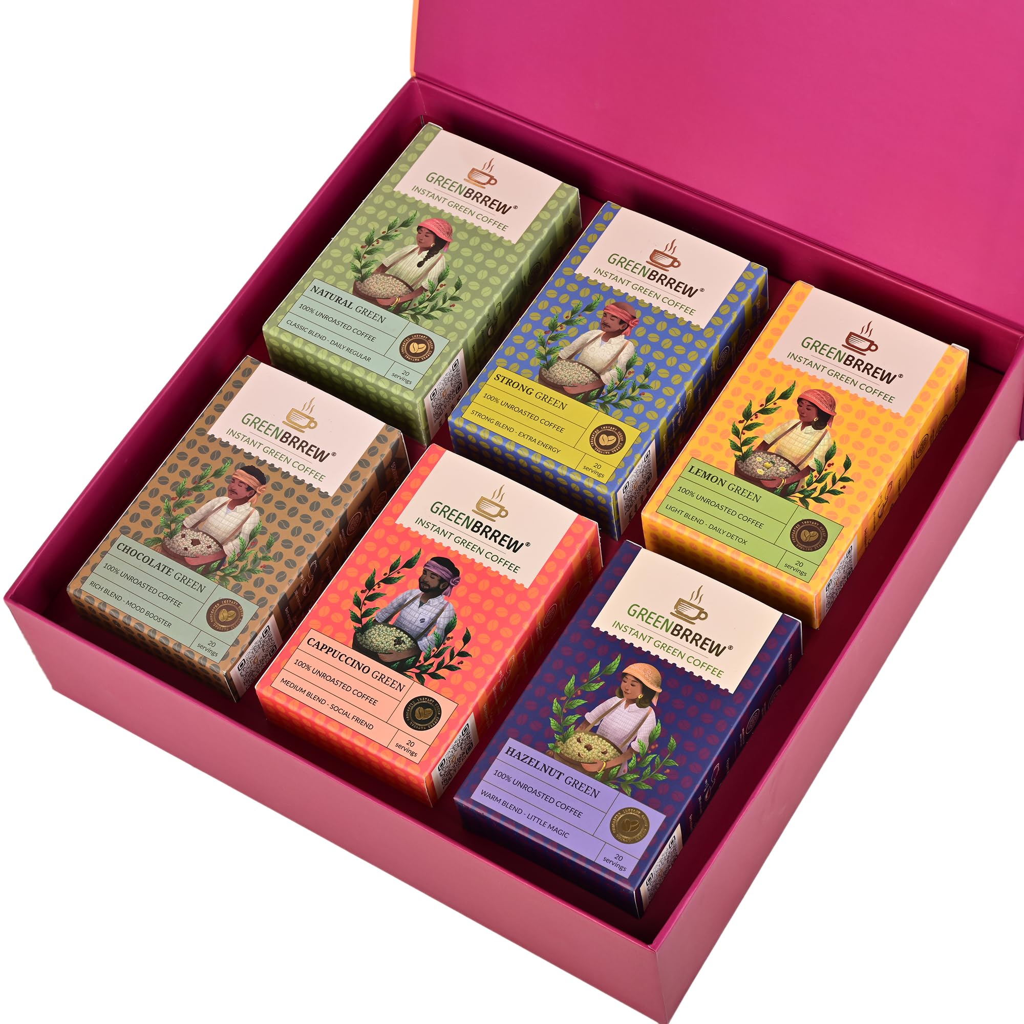 Greenbrrew An Exotic and Colorful Gift Hamper (Instant Green Coffee, Flavor: Chocolate, Cappuccino, Hazelnut, Natural, Lemon, & Strong)-image-4