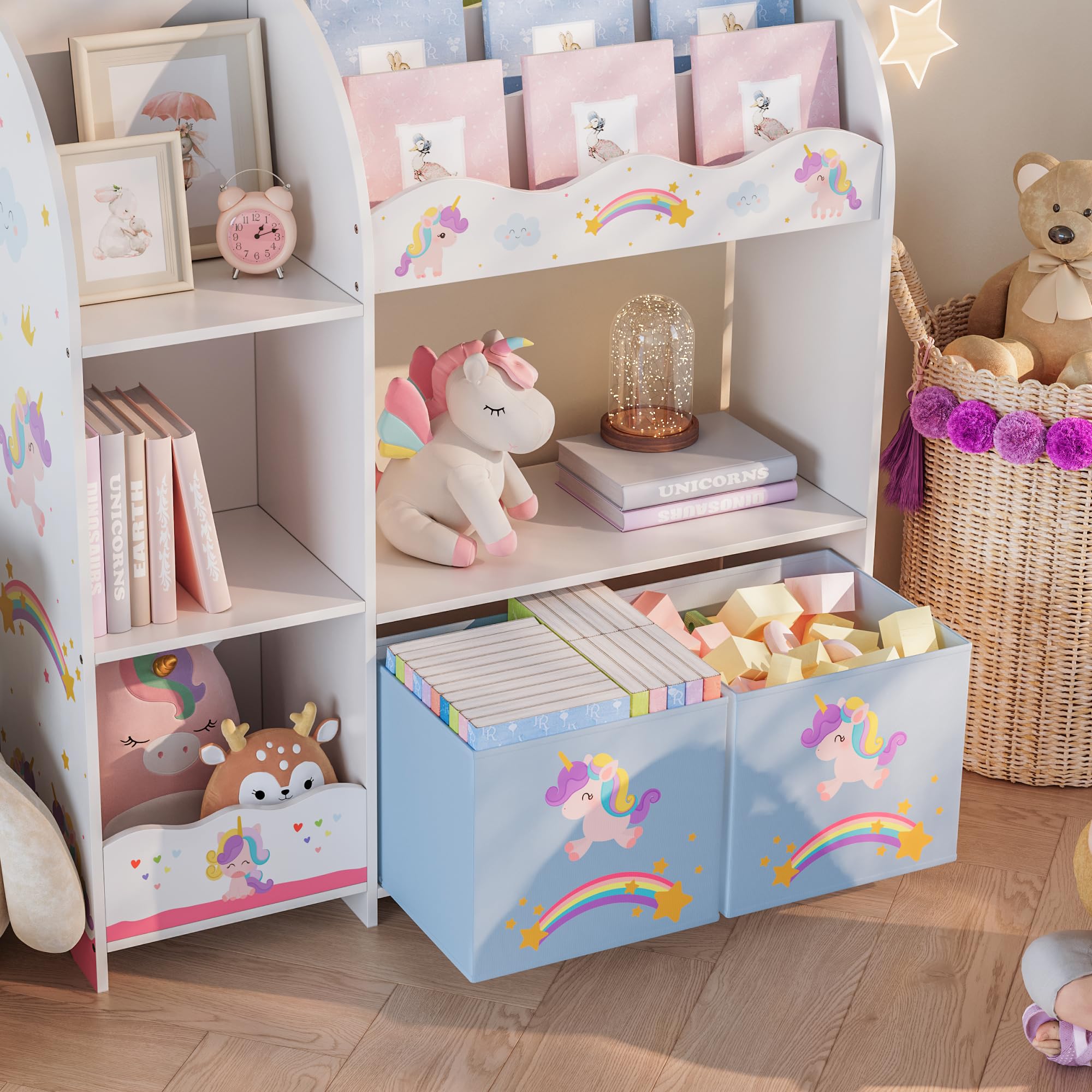 [en.casa] Scaffale per Cameretta con Ripiani 2 Scatole Porta Giochi Contenitori a Scaletta per Bambini Mobile Organizzatore a Misura di Bimbi - Design a Unicorno
