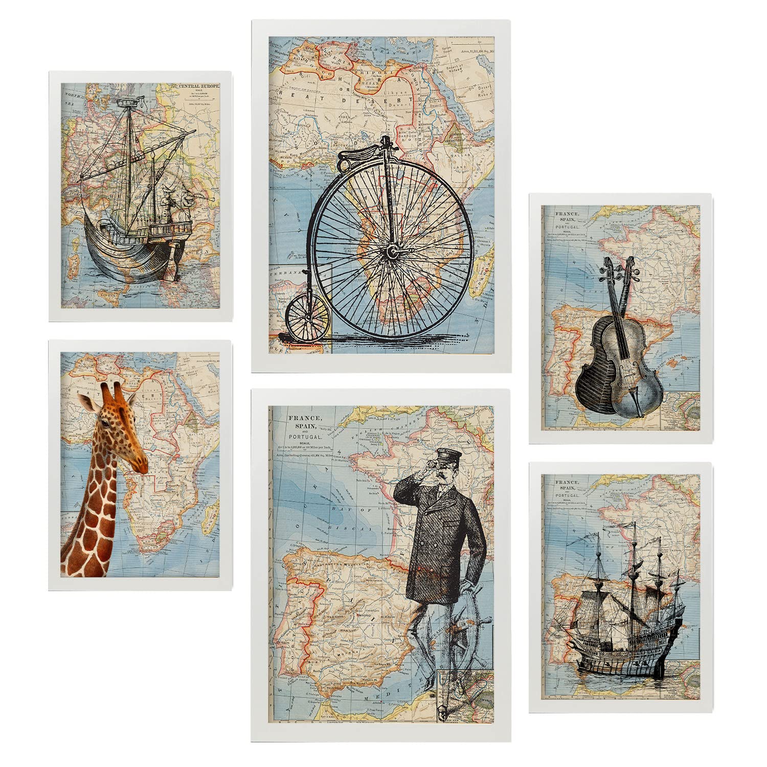Nacnic Vintage Maps Posters. Retro Style Topographic Maps of Europe, Africa and Spain in Subtle Colours. Aesthetic Illustrations for Interior Design and Decoration. A4 & A3 White Frames.