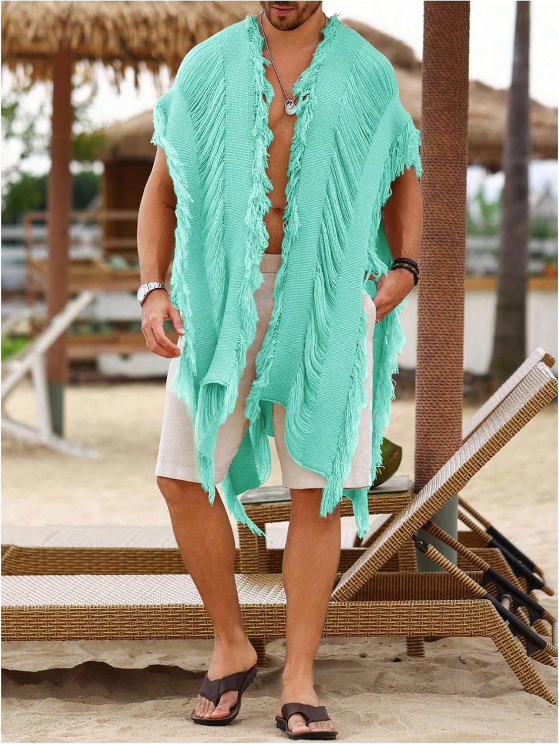 Verdusa Men's Knit Poncho Fringe Loose Cardigan Cape Knit Shawl Wrap Beach Vacation Outfits - Image 5