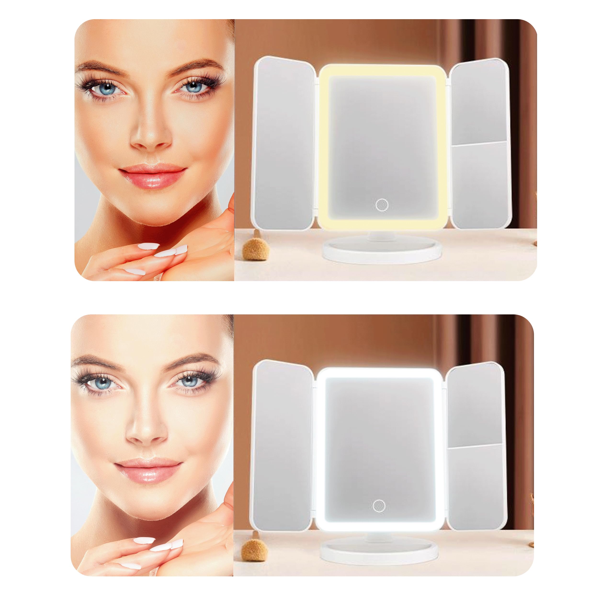 KRUMAD Lusterko do makijażu LED potrójne, 3 kolory światła, 175x240 mm, kosmetyczne lusterko z regulacją jasności i akumulatorem USB-C