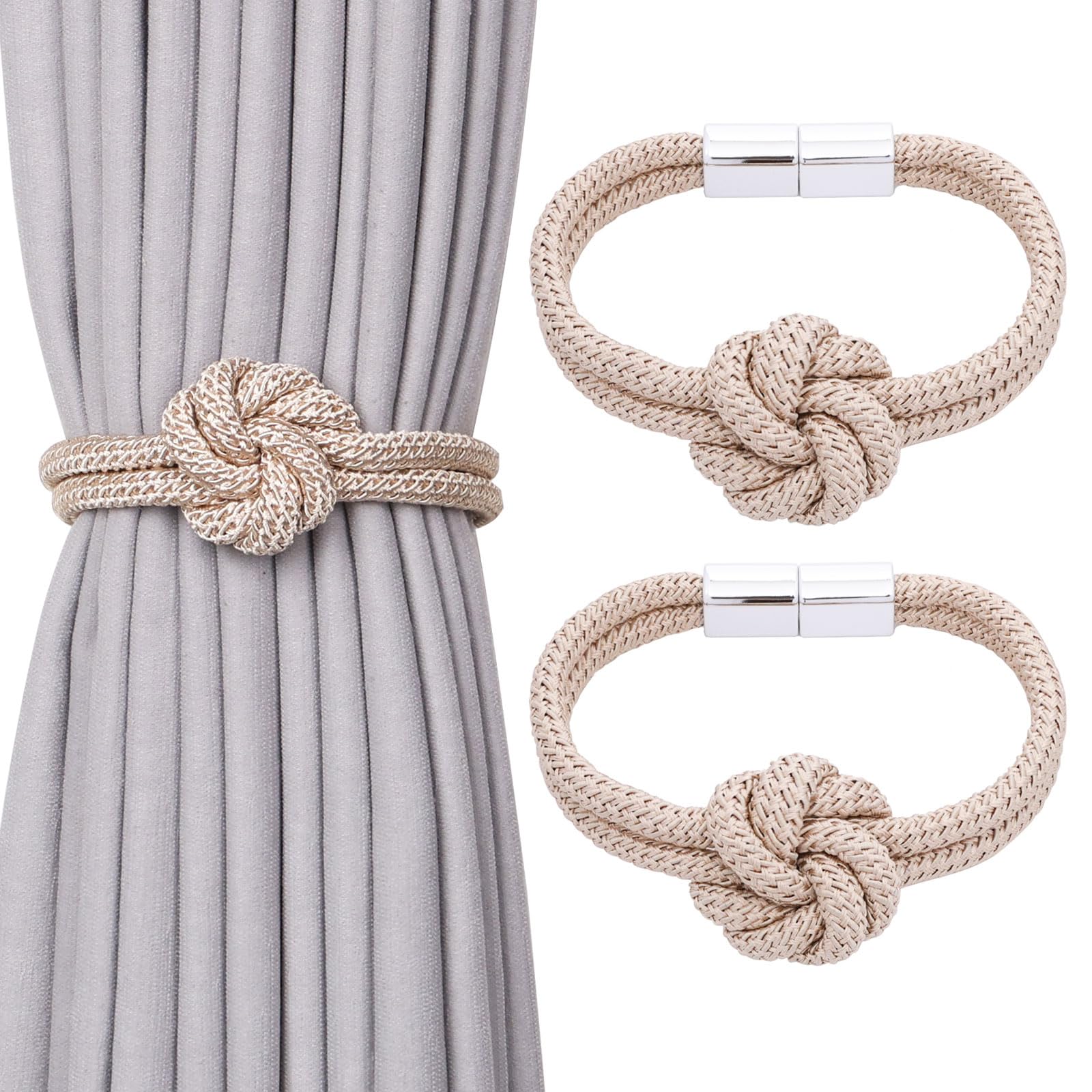 Pretty Jolly 2 Pack Cute Flower Knot Magnetic Curtain Tiebacks Nordic Style Drape Tie Backs Elegant Hand Weave Rope Decorative Curtain Holdbacks for Home & Office Window Drapery (Beige)
