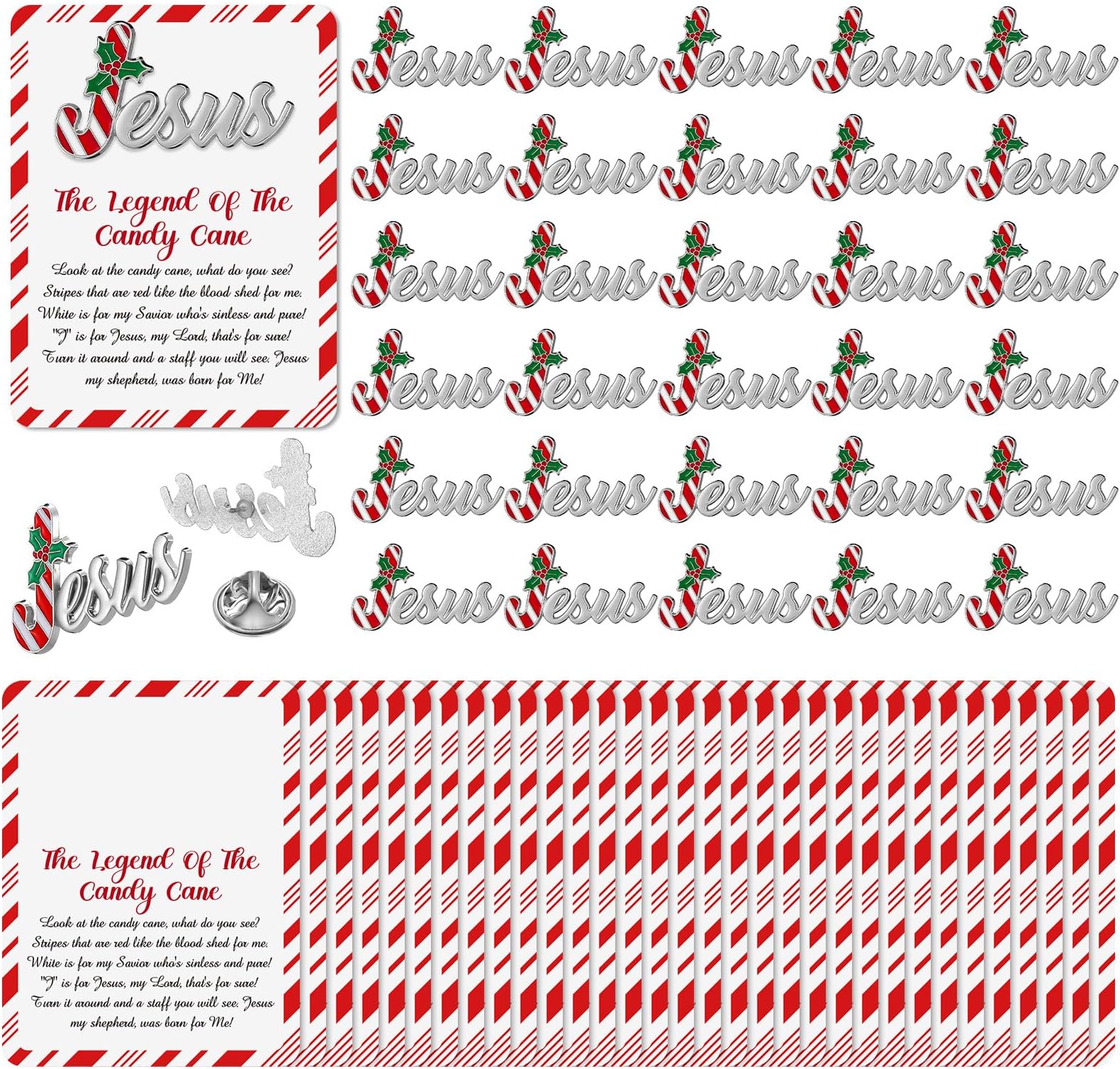 Quelay 30 Sets Candy Cane Jesus Pins on Card Bulk Religious Christian Christmas Jesus Pins with Legend of Candy Cane Card for Church Christmas Gift Stocking Stuffers Sunday School Party Favor