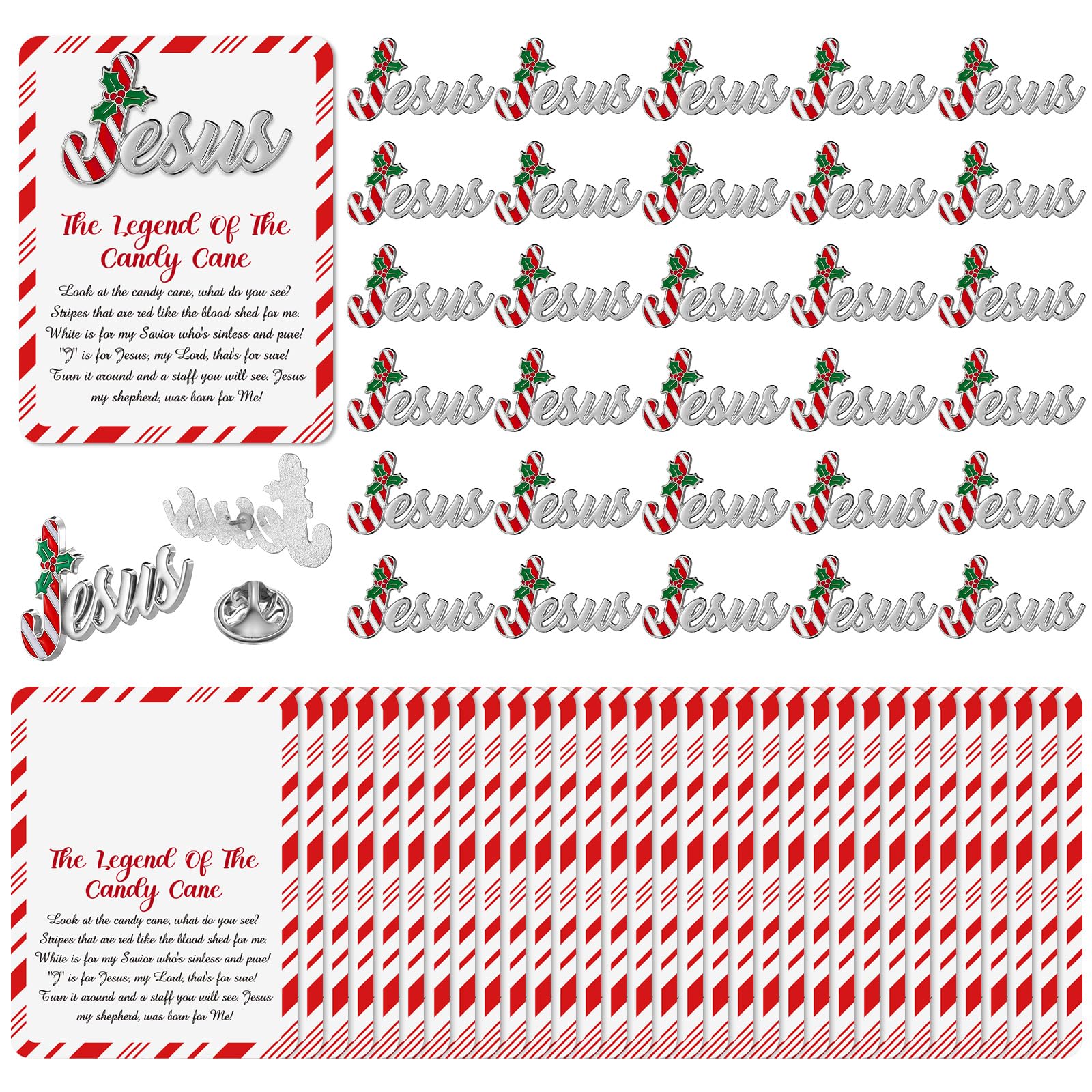 Quelay 30 Sets Candy Cane Jesus Pins on Card Bulk Religious Christian Christmas Jesus Pins with Legend of Candy Cane Card for Church Christmas Gift Stocking Stuffers Sunday School Party Favor